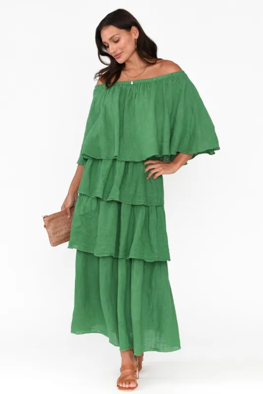 Verone Green Linen Ruffle Dress sold by Blue Bungalow
