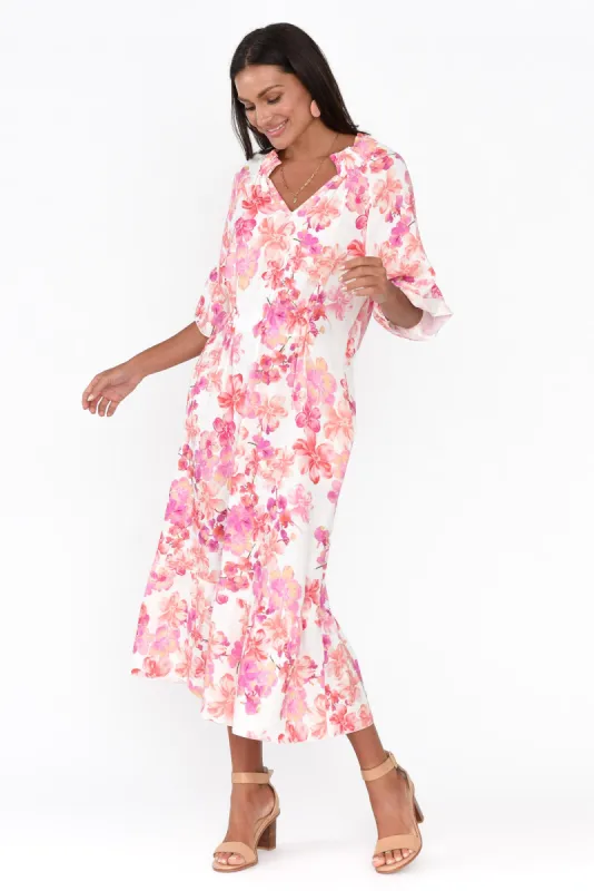 Larentia Pink Floral Linen Gathered Dress sold by Blue Bungalow