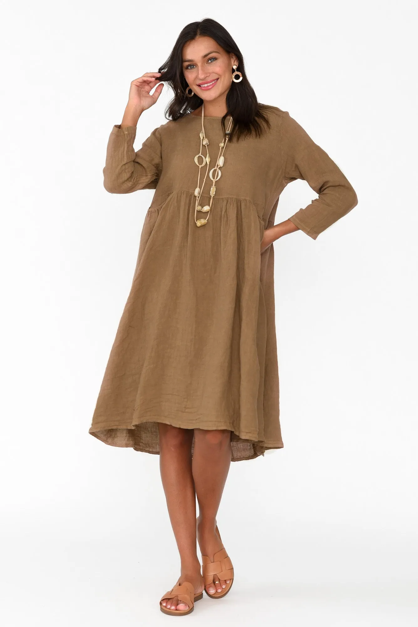 Maybelle Mocha Linen Pocket Dress sold by Blue Bungalow