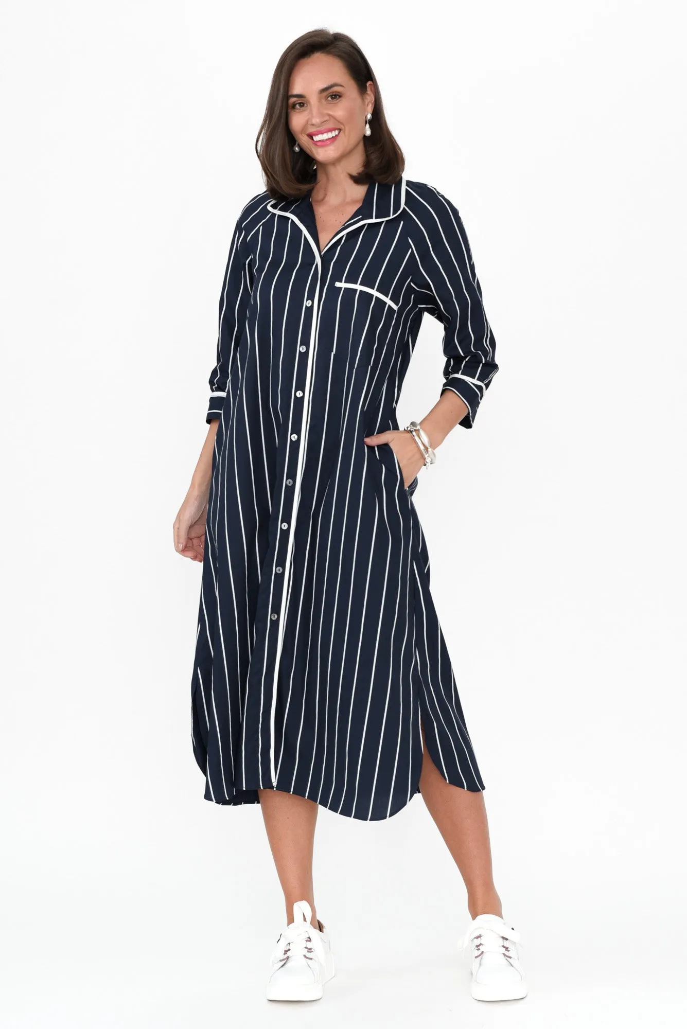 Robyn Navy Stripe Cotton Shirt Dress sold by Blue Bungalow