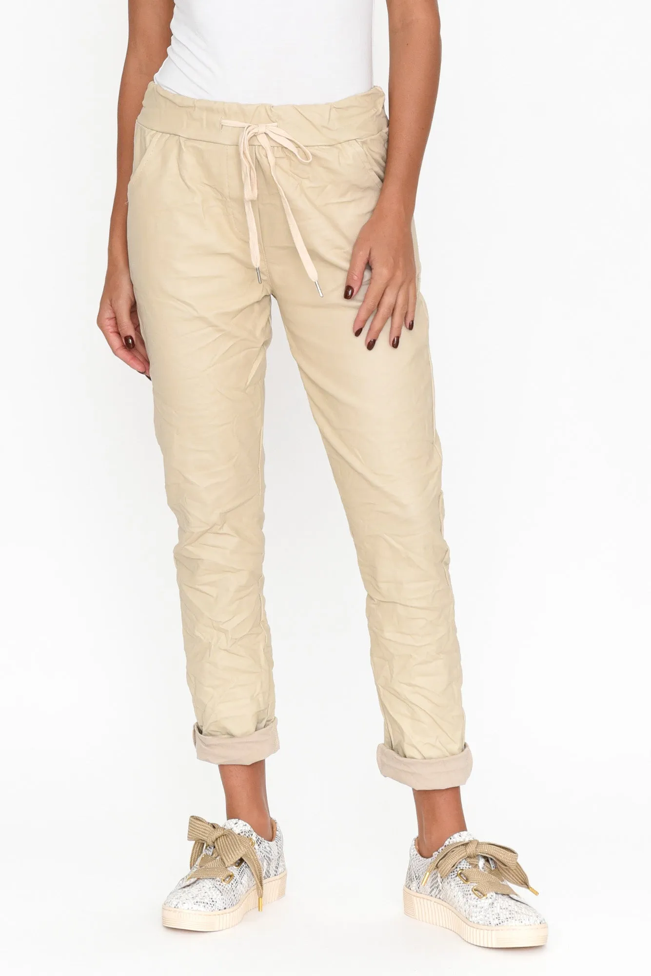 Munich Cream Wet Look Stretch Pants sold by Blue Bungalow
