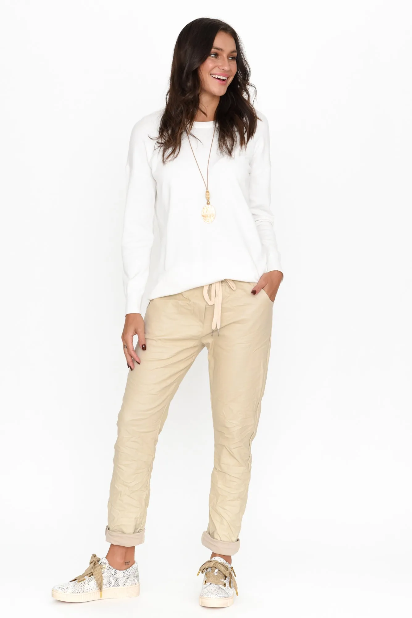 Munich Cream Wet Look Stretch Pants sold by Blue Bungalow product image thumbnail 2