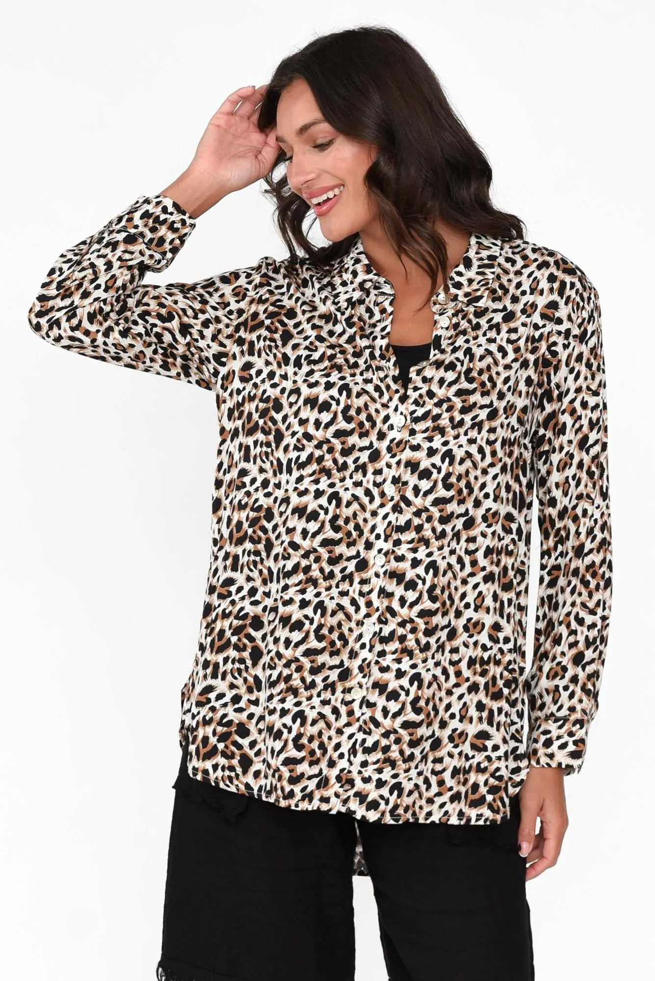 Shavonne Brown Leopard Collared Shirt sold by Blue Bungalow