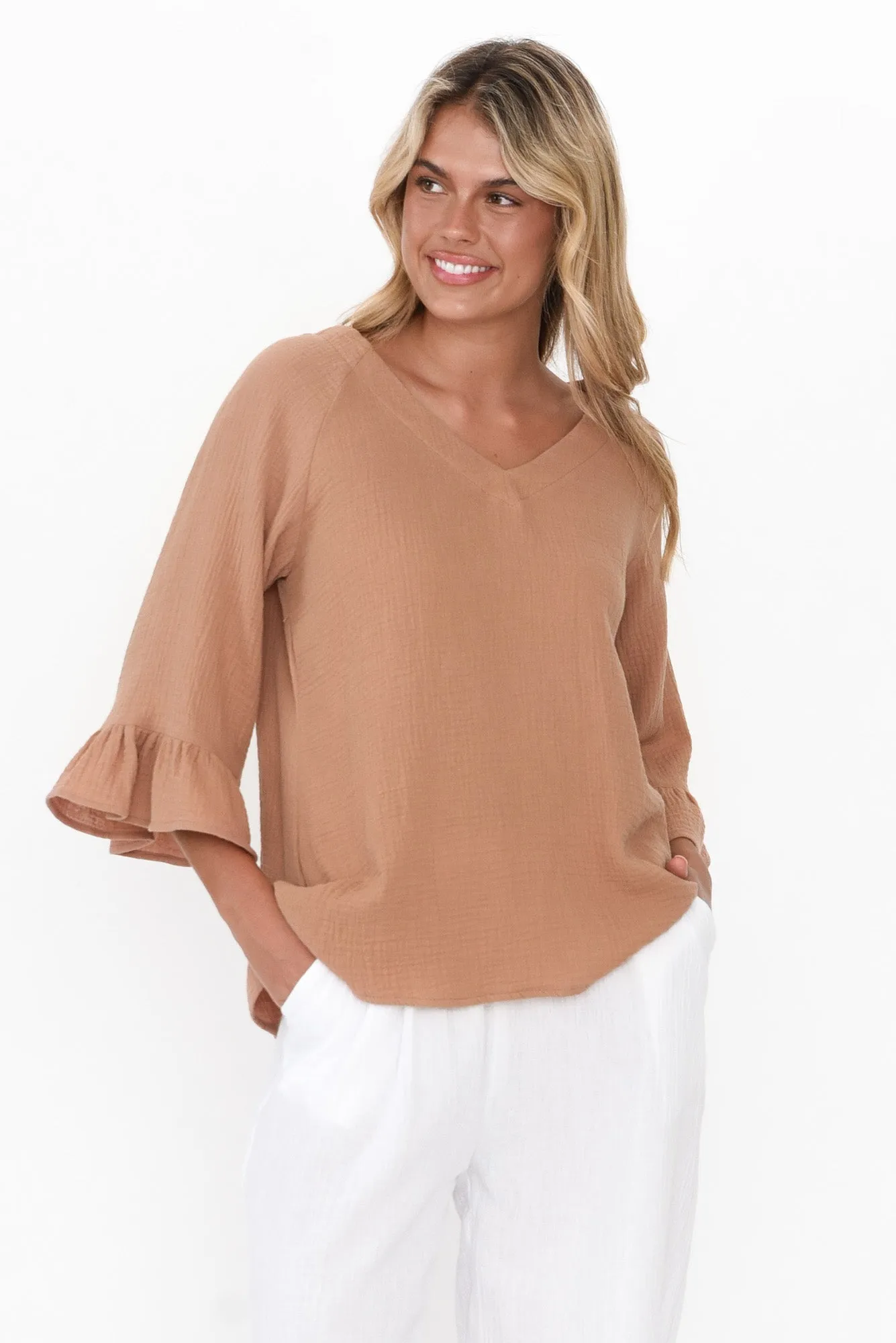 Anissa Mocha Cotton Frill Top sold by Blue Bungalow