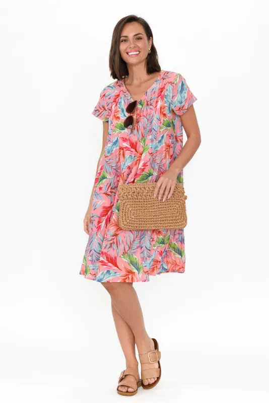 Sabina Pink Leaf Crinkle Cotton Dress sold by Blue Bungalow