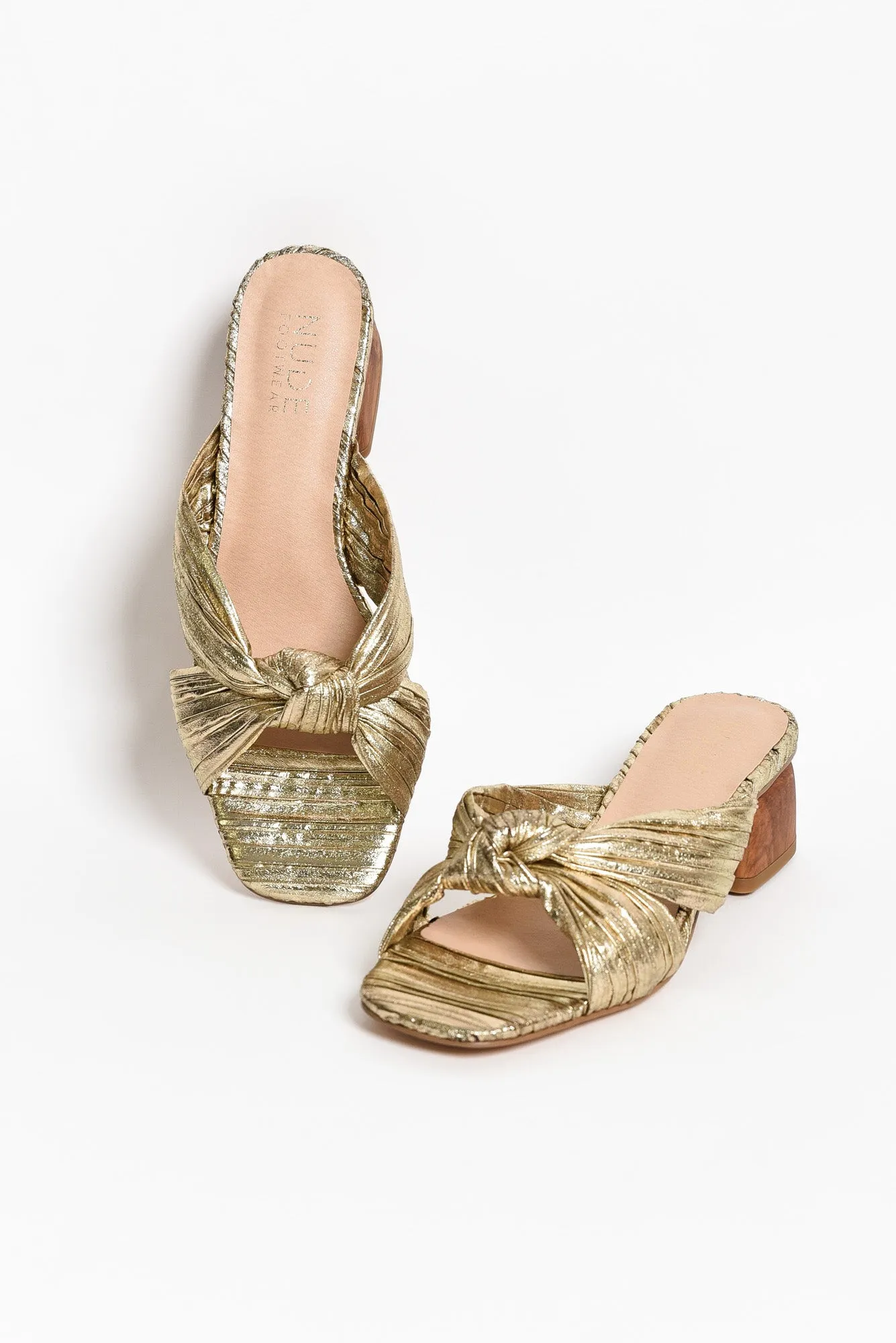 Georgie Gold Leather Knot Heel sold by Blue Bungalow