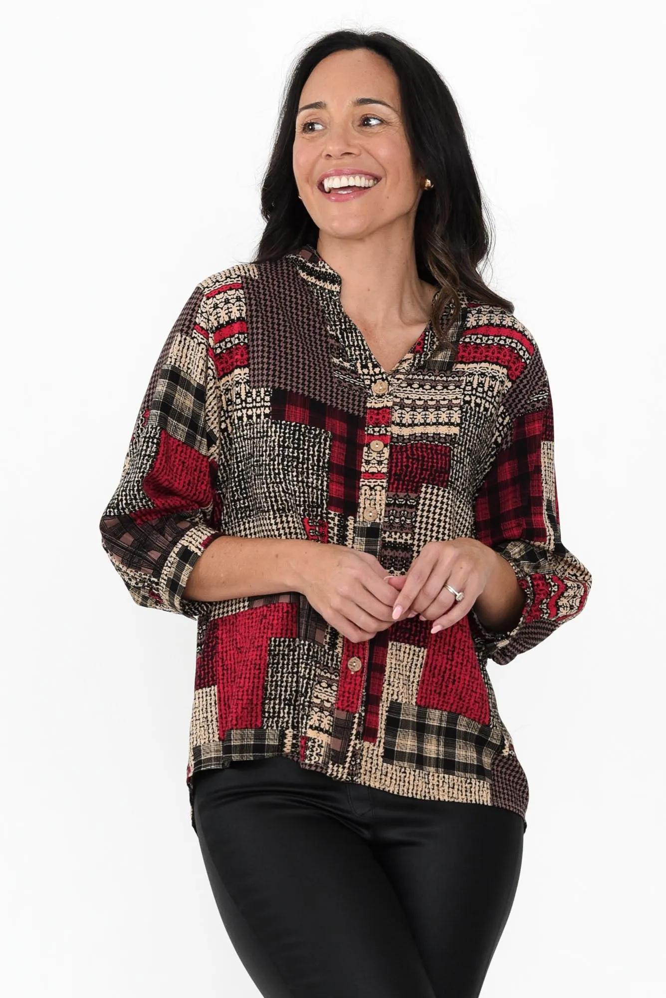 Alto Red Patchwork Cotton Blend Shirt sold by Blue Bungalow