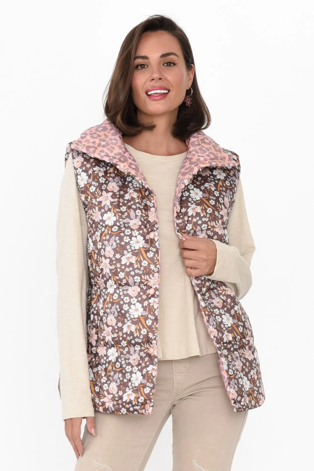 Alessia Floral Cheetah Reversible Puffer Vest sold by Blue Bungalow