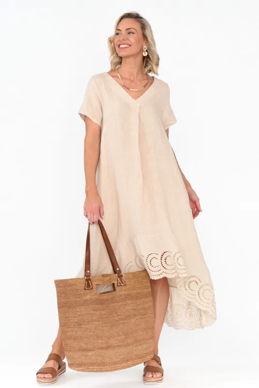 Ravella Beige Linen V Neck Dress sold by Blue Bungalow