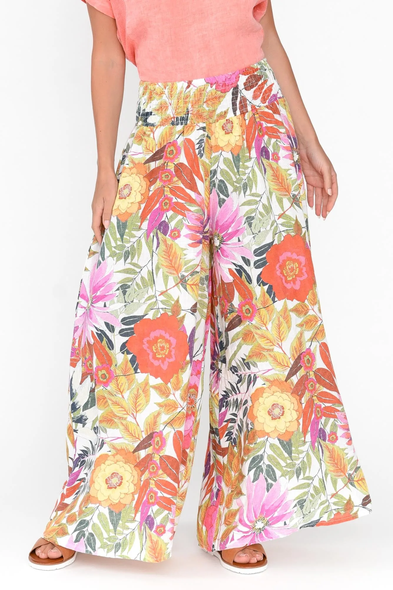 Rumi White Bloom Wide Leg Linen Pants sold by Blue Bungalow