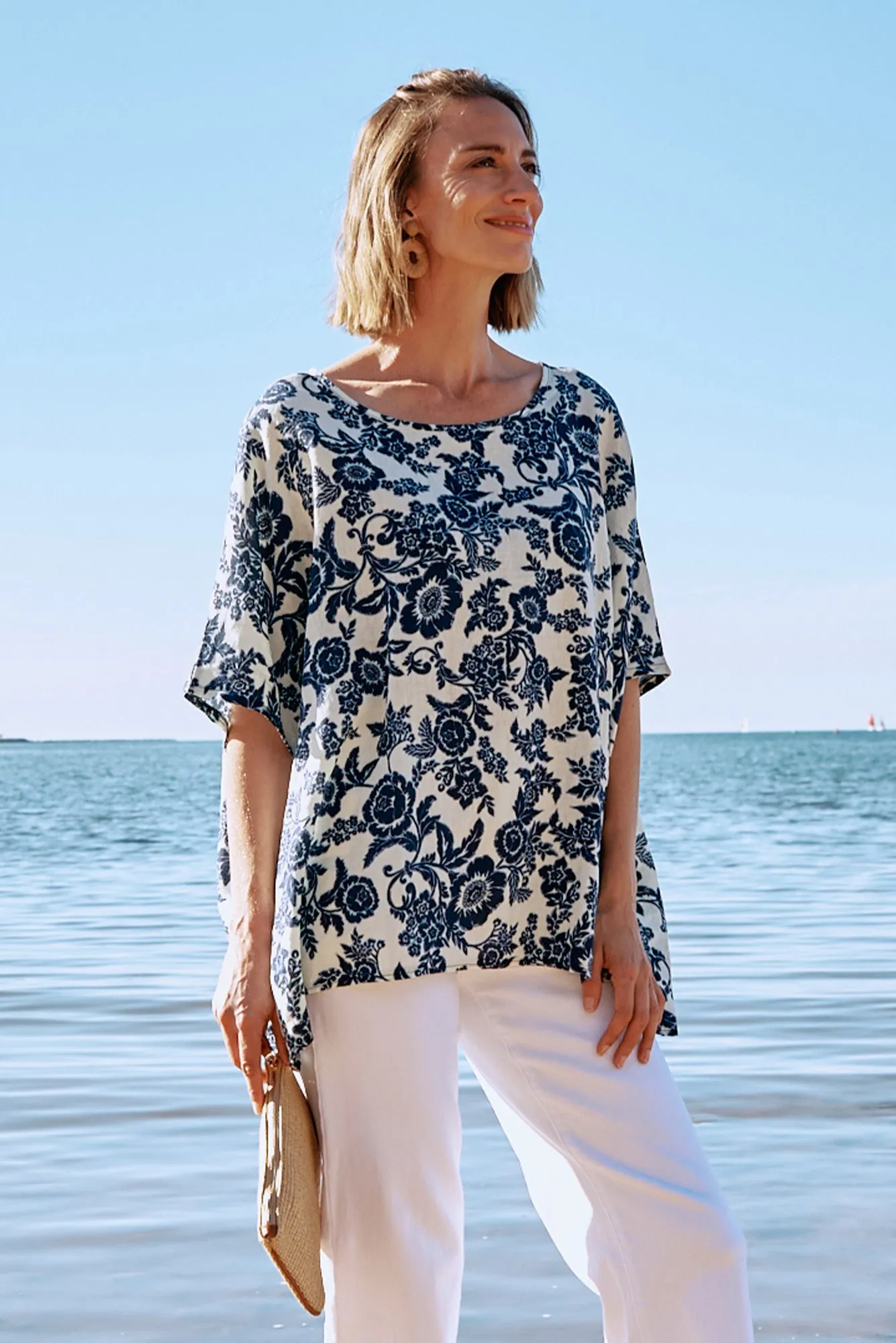Martine Navy Floral Linen Top sold by Blue Bungalow