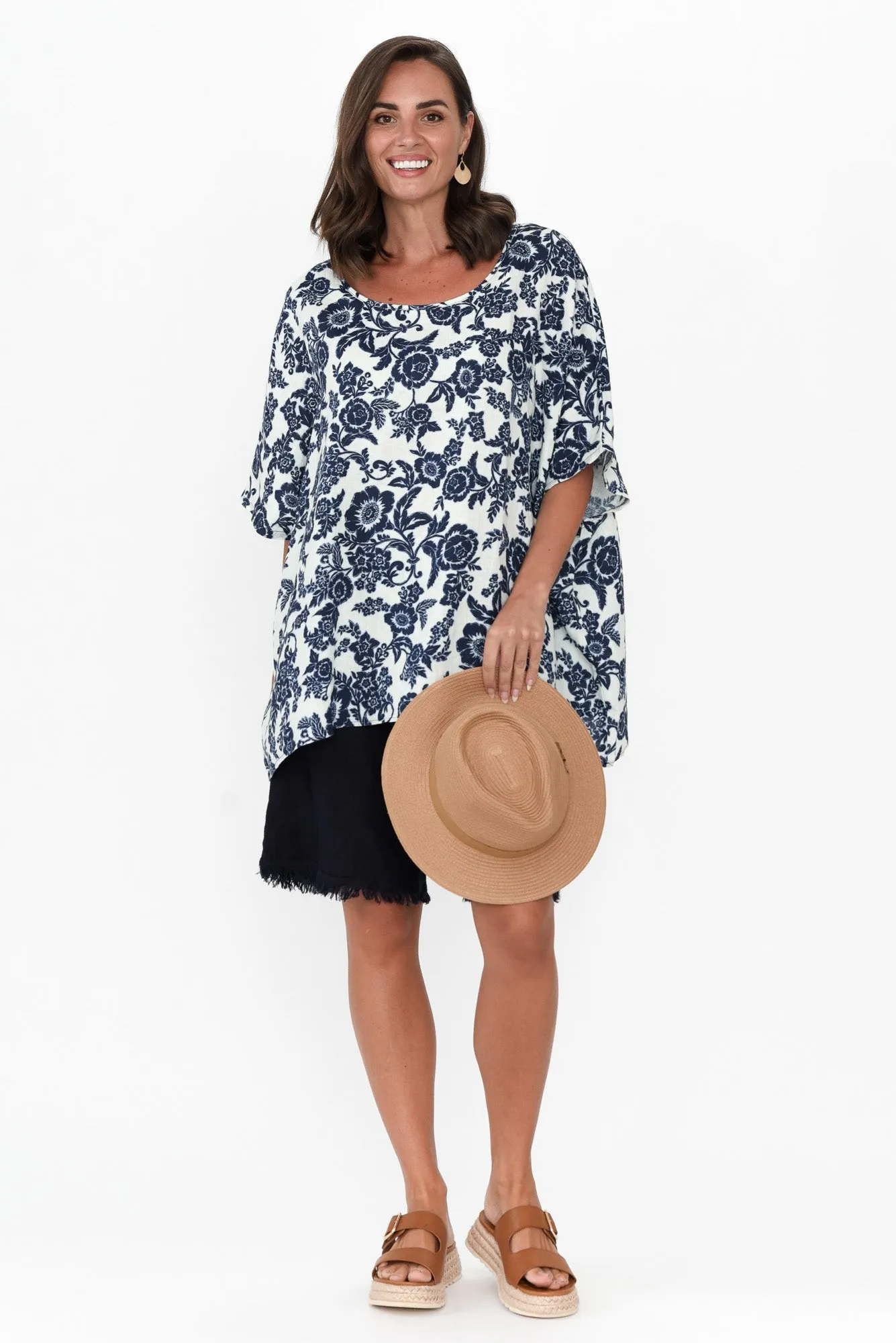 Martine Navy Floral Linen Top sold by Blue Bungalow product image thumbnail 3