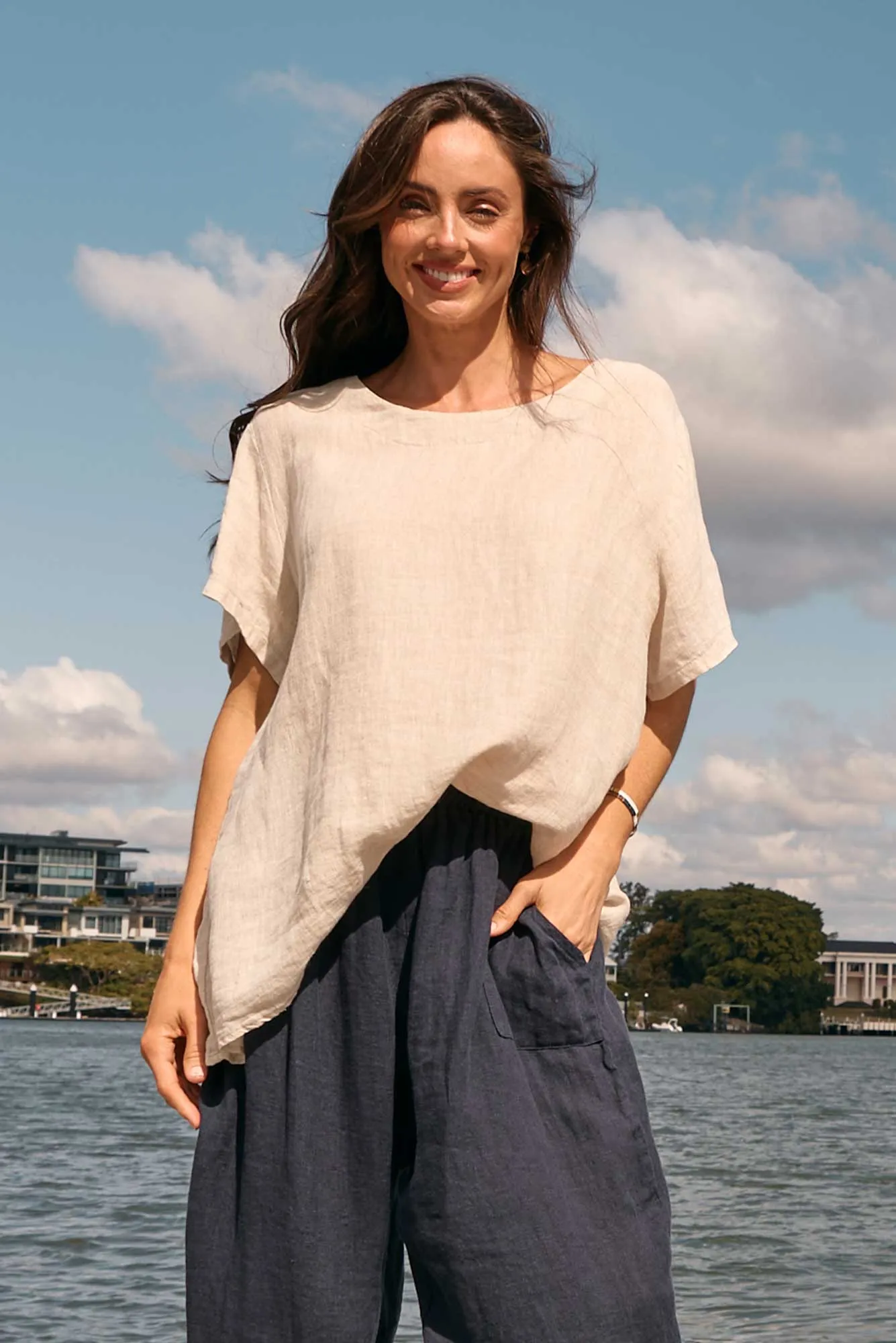 Micah Beige Linen Scoop Neck Top sold by Blue Bungalow