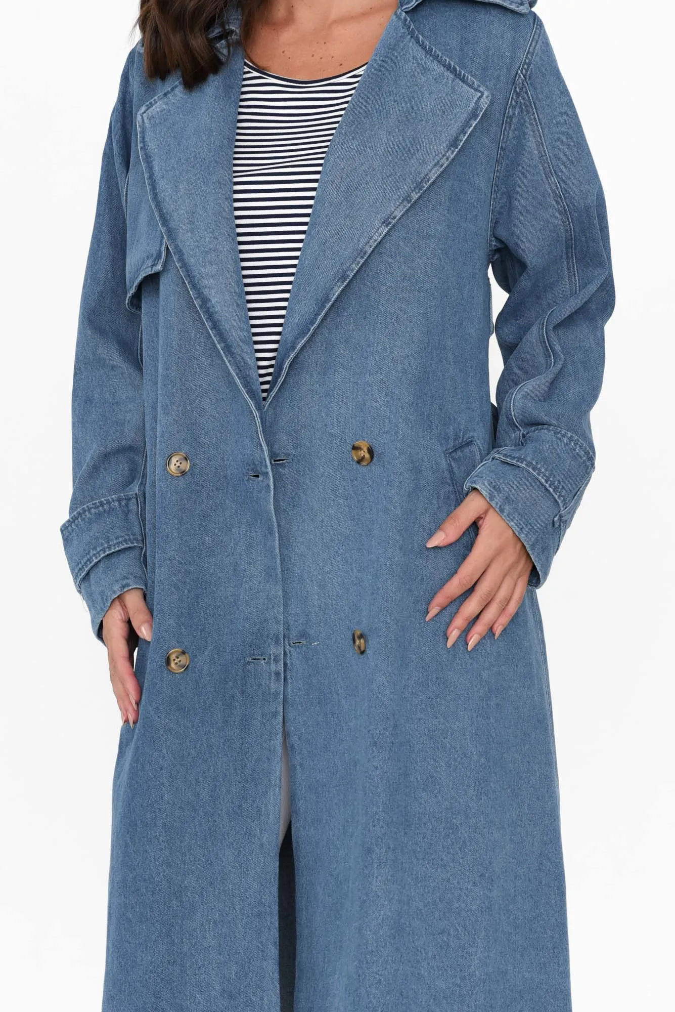 Elsie Mid Blue Denim Trench Coat sold by Blue Bungalow product image thumbnail 3