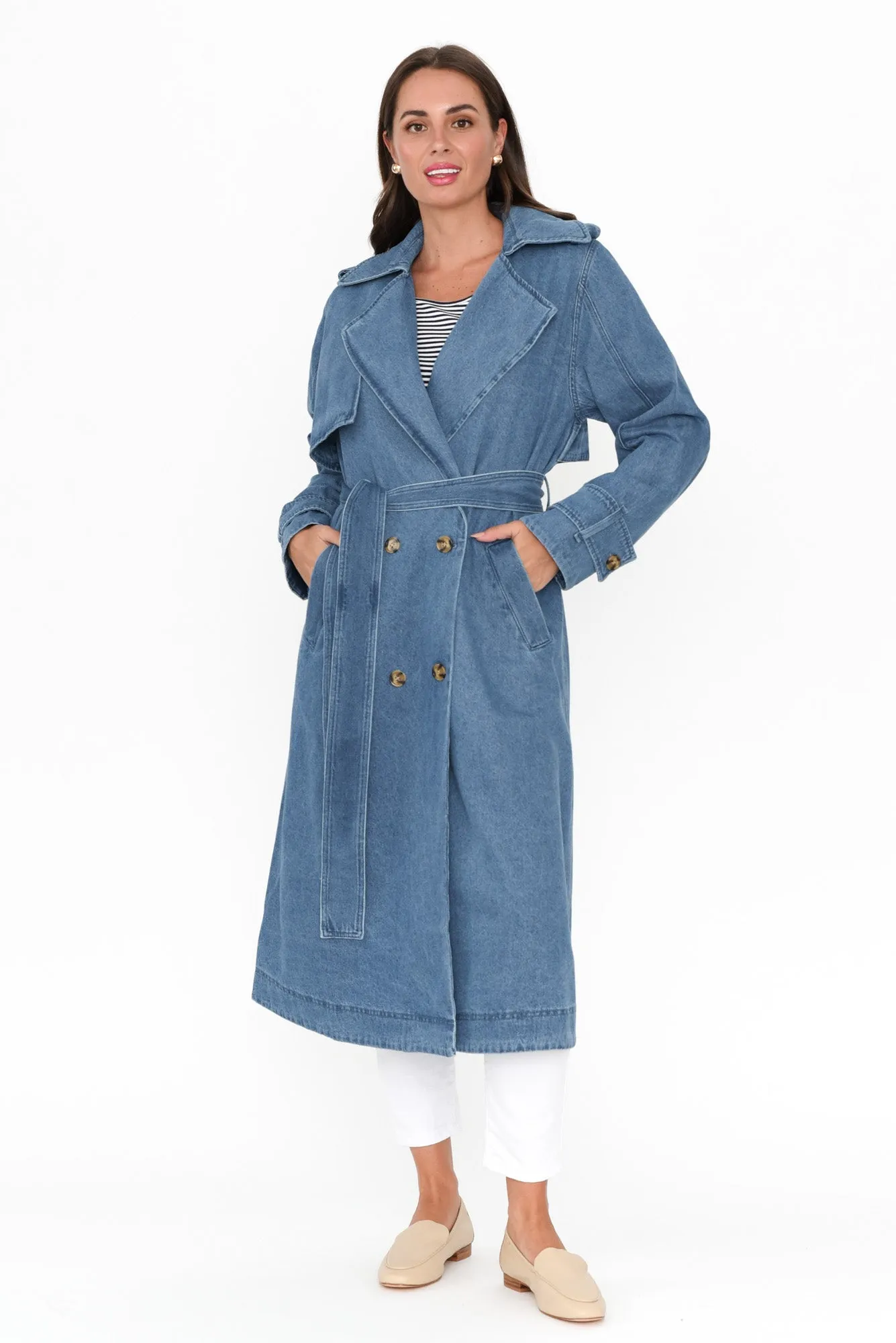 Elsie Mid Blue Denim Trench Coat sold by Blue Bungalow product image thumbnail 2