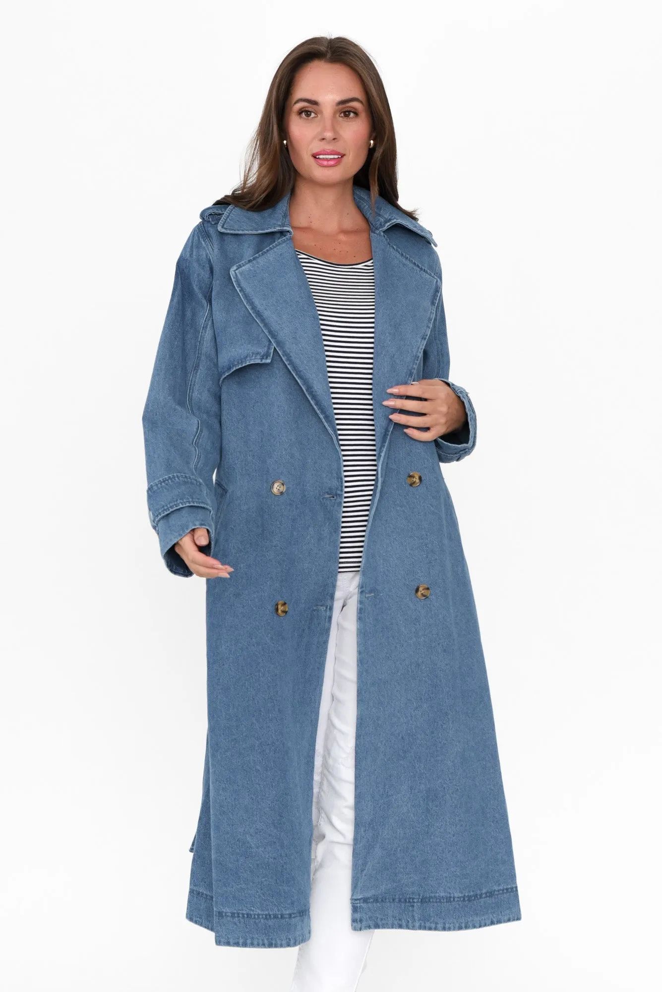 Elsie Mid Blue Denim Trench Coat sold by Blue Bungalow