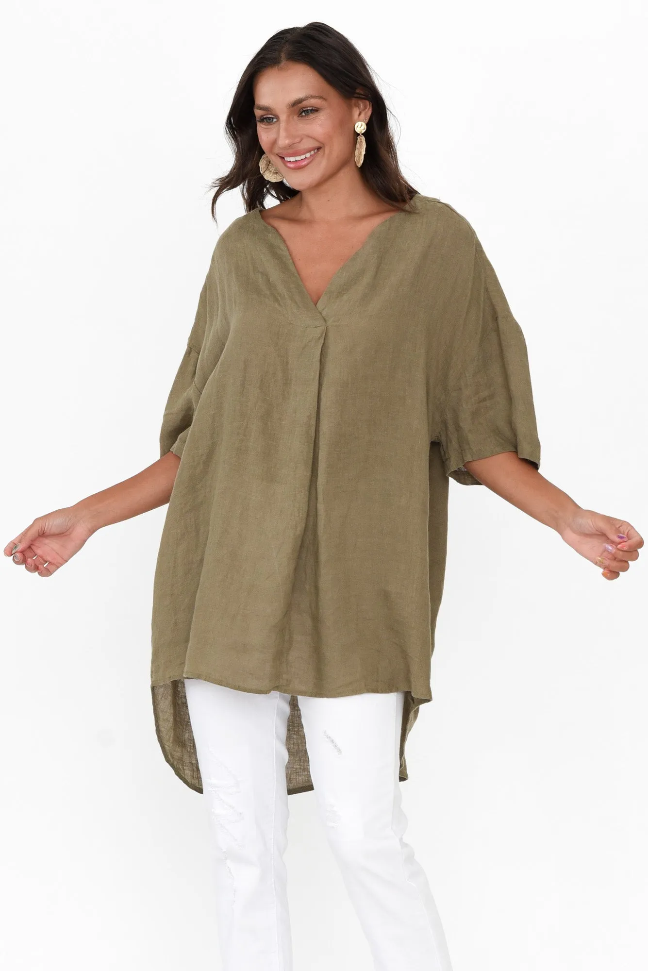 Holland Khaki Linen V Neck Tunic sold by Blue Bungalow