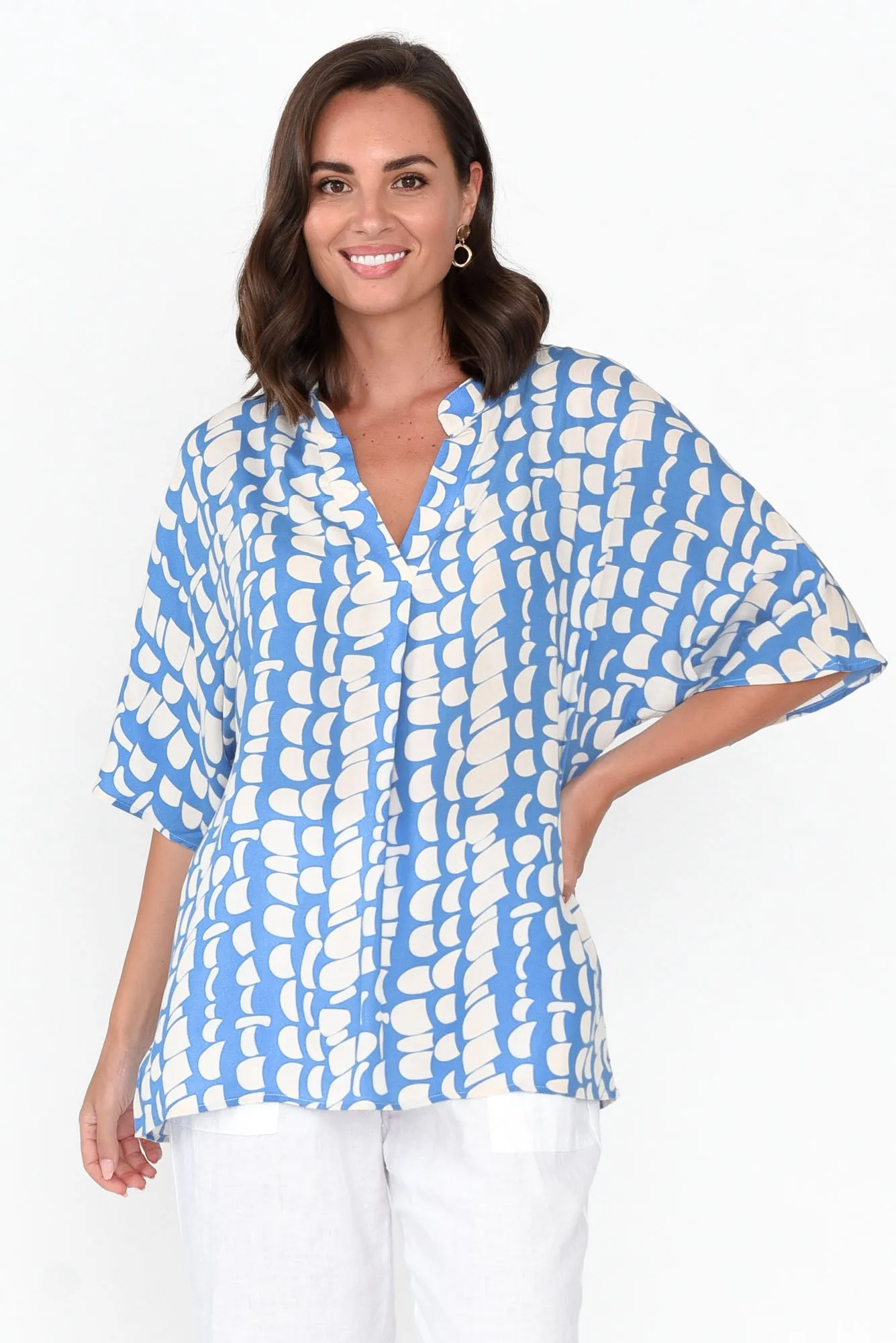 Amity Blue Geo V Neck Top sold by Blue Bungalow