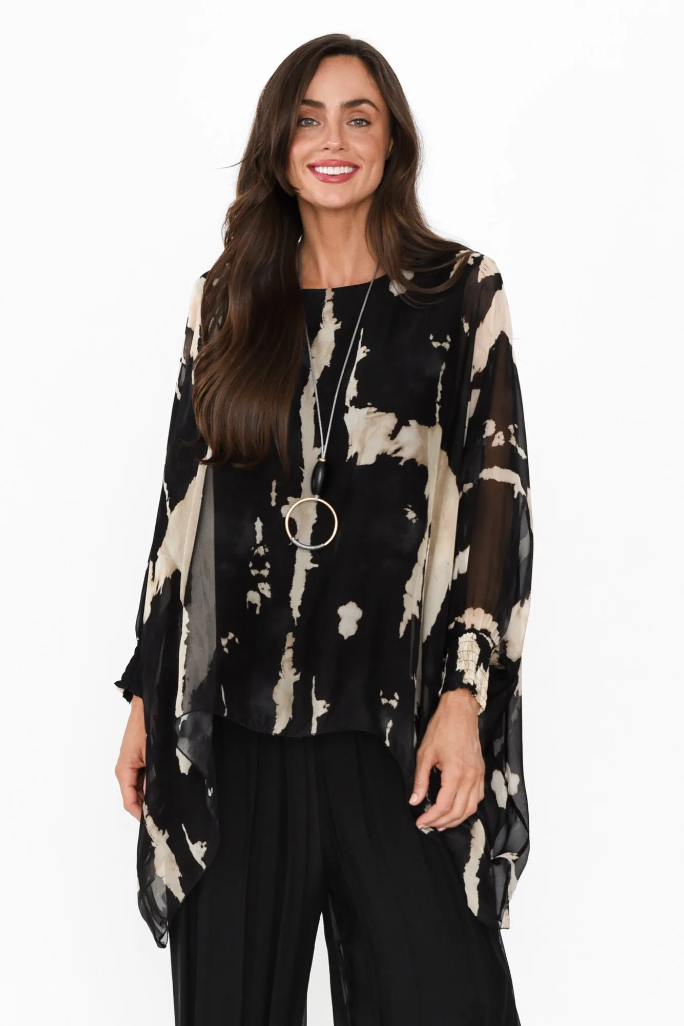 Loki Black Abstract Silk Layer Top sold by Blue Bungalow