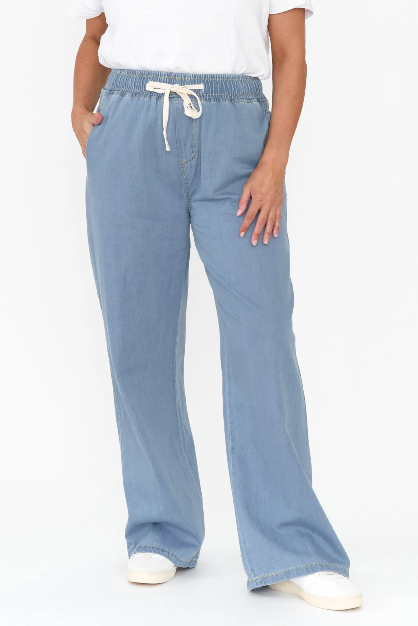 Caden Blue Chambray Cotton Tie Pants sold by Blue Bungalow