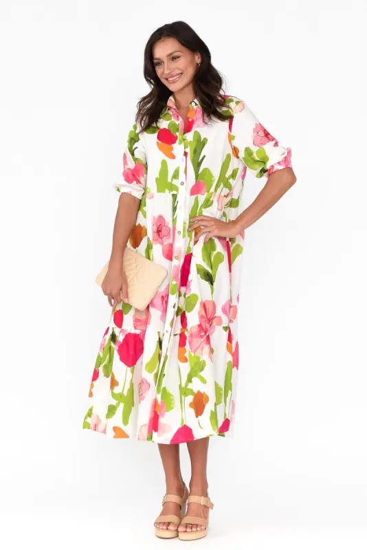 Juan Pink Flower Linen Cotton Dress sold by Blue Bungalow