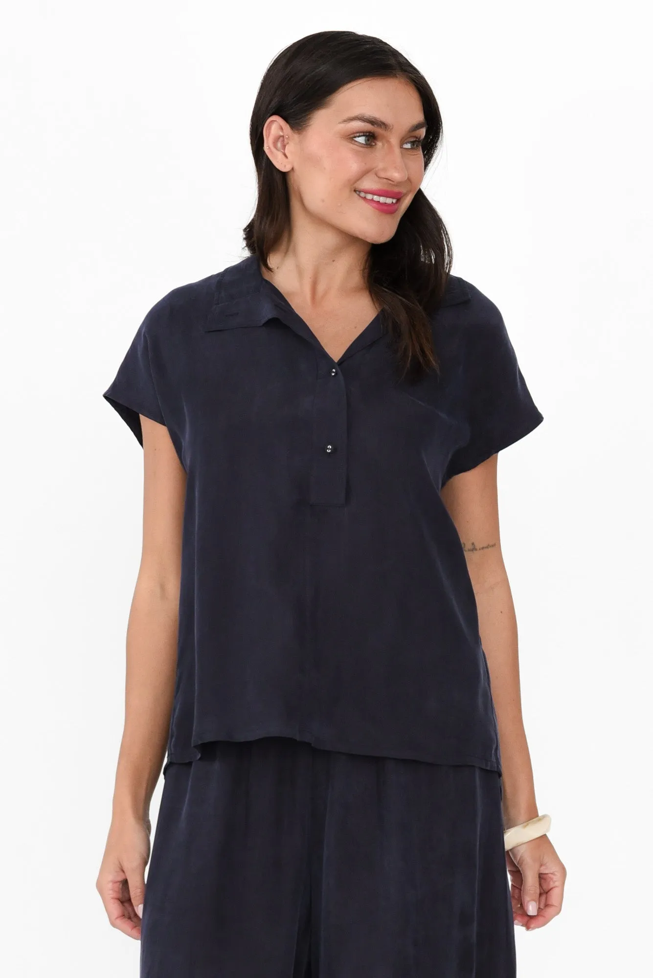 Vault Navy Cupro Collared Top sold by Blue Bungalow