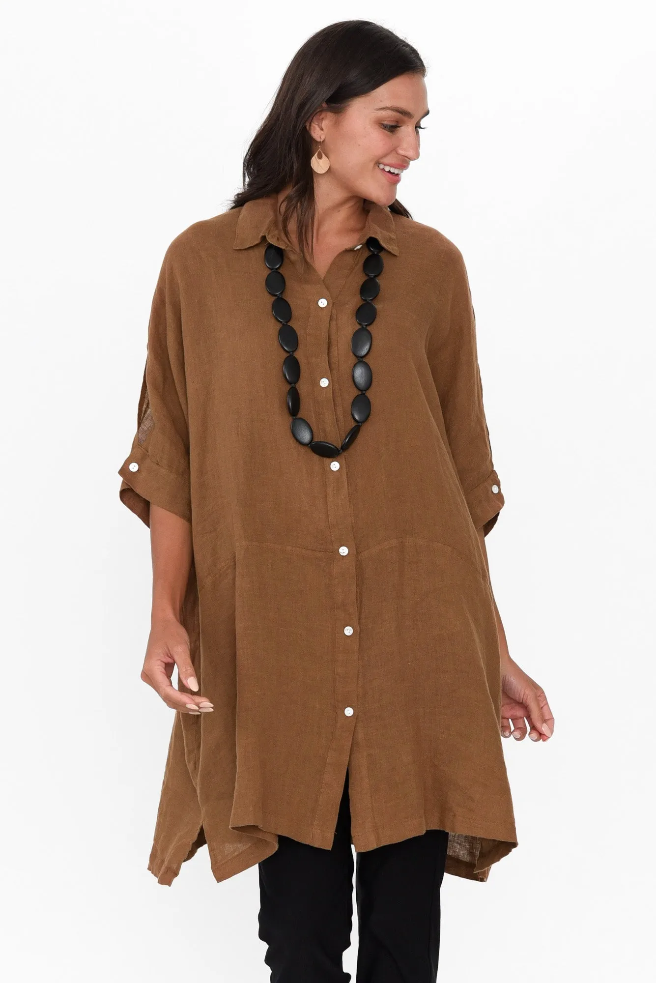 McKenna Mocha Linen Button Tunic sold by Blue Bungalow