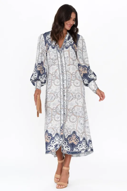 Nova Blue Astral Linen Blend Dress sold by Blue Bungalow