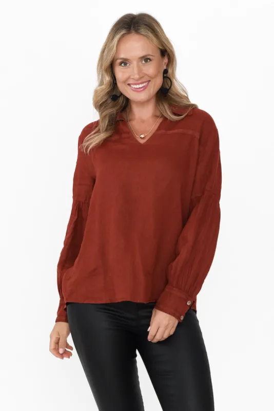 Milicent Maroon Linen Collared Shirt sold by Blue Bungalow