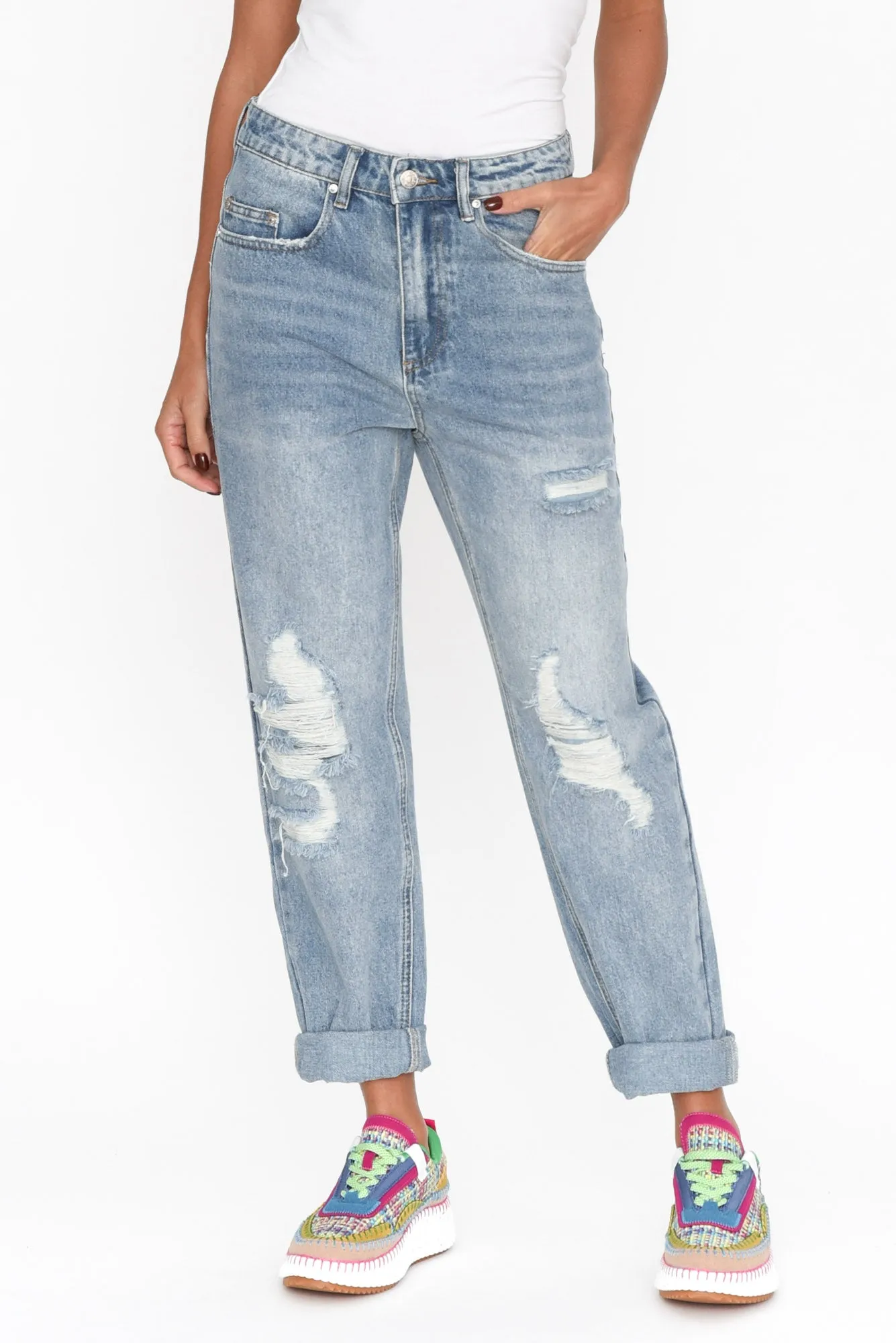 Nessie Blue Wash Distressed Straight Jeans sold by Blue Bungalow