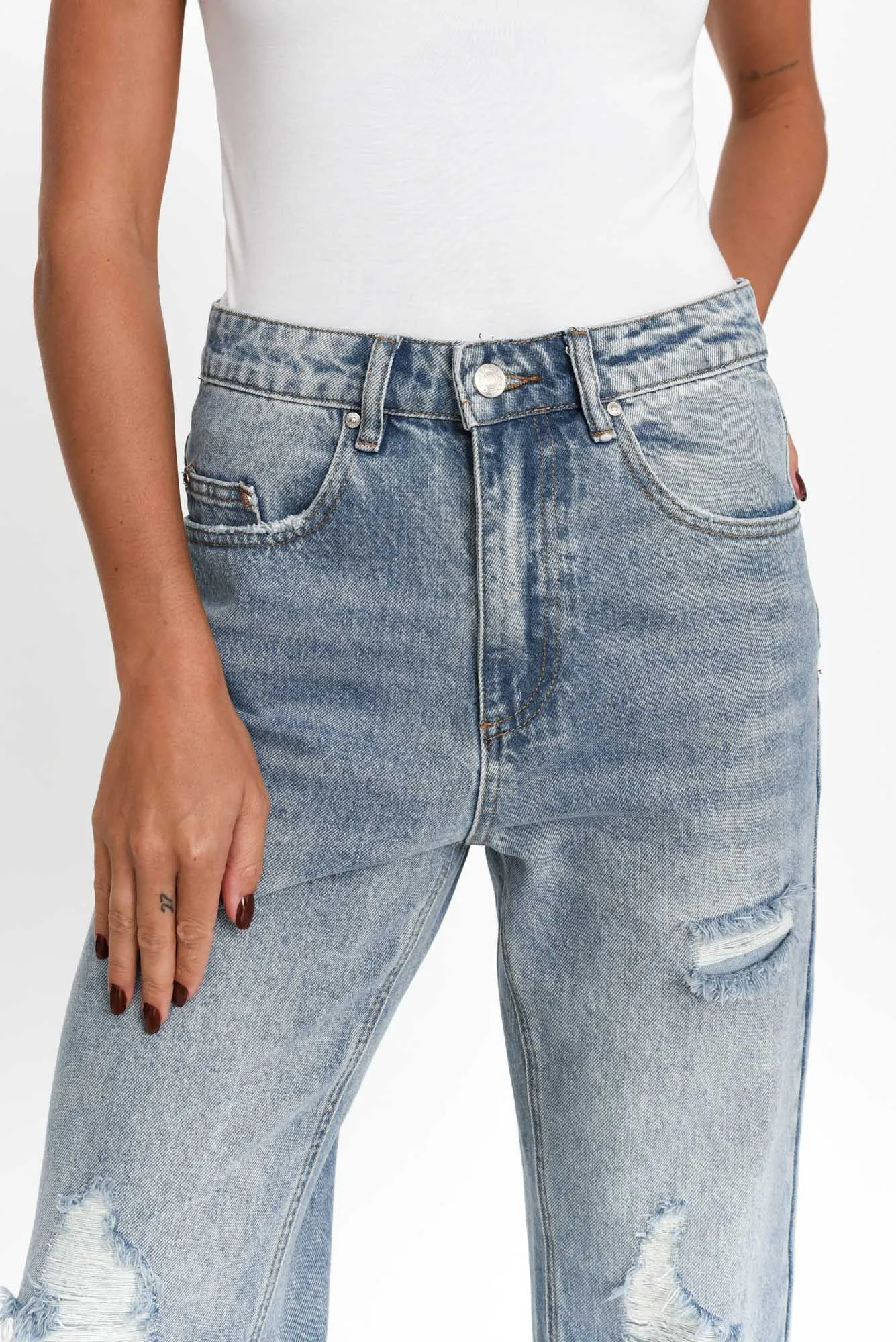 Nessie Blue Wash Distressed Straight Jeans sold by Blue Bungalow product image thumbnail 5