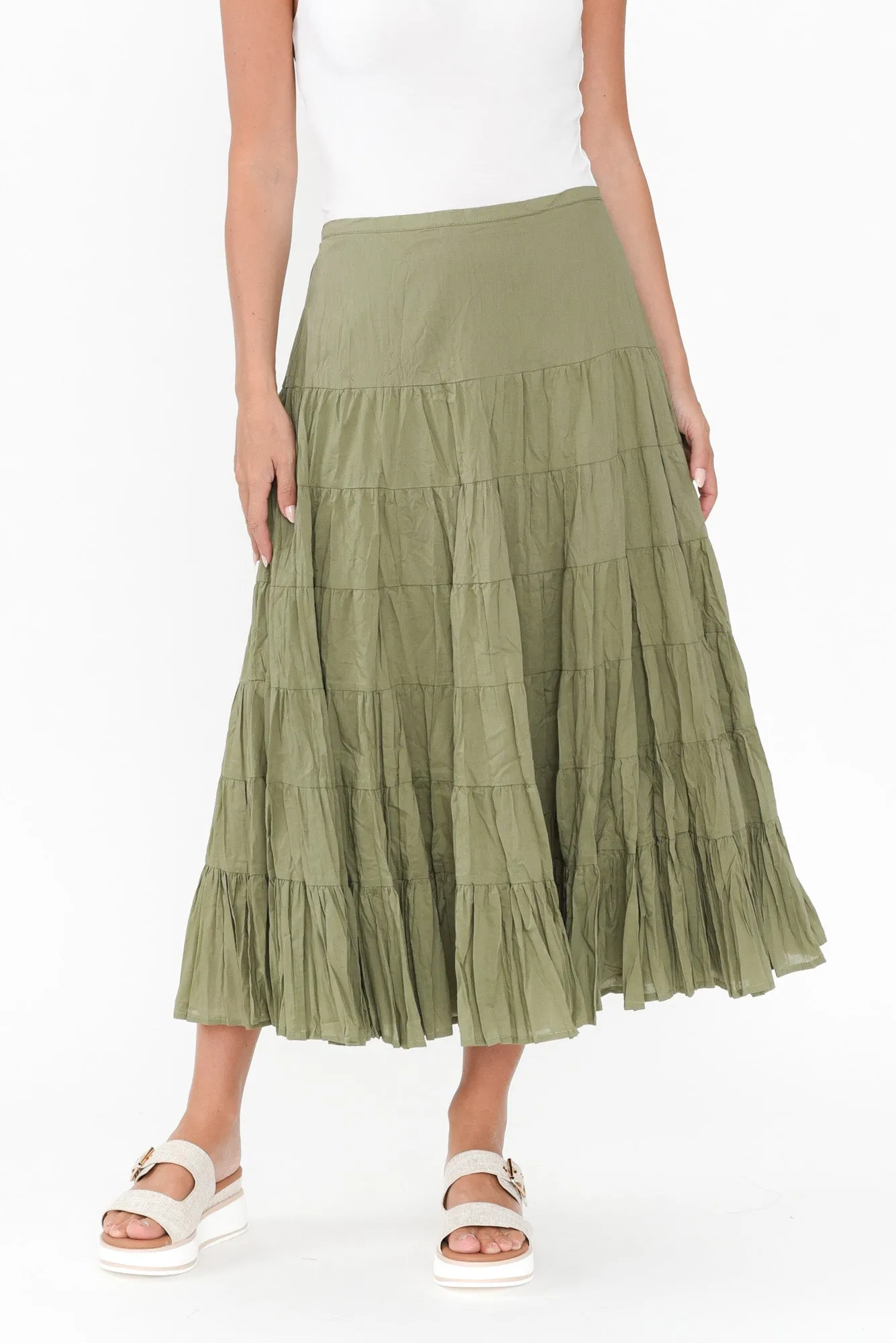 Taurus Khaki Cotton Tiered Skirt sold by Blue Bungalow