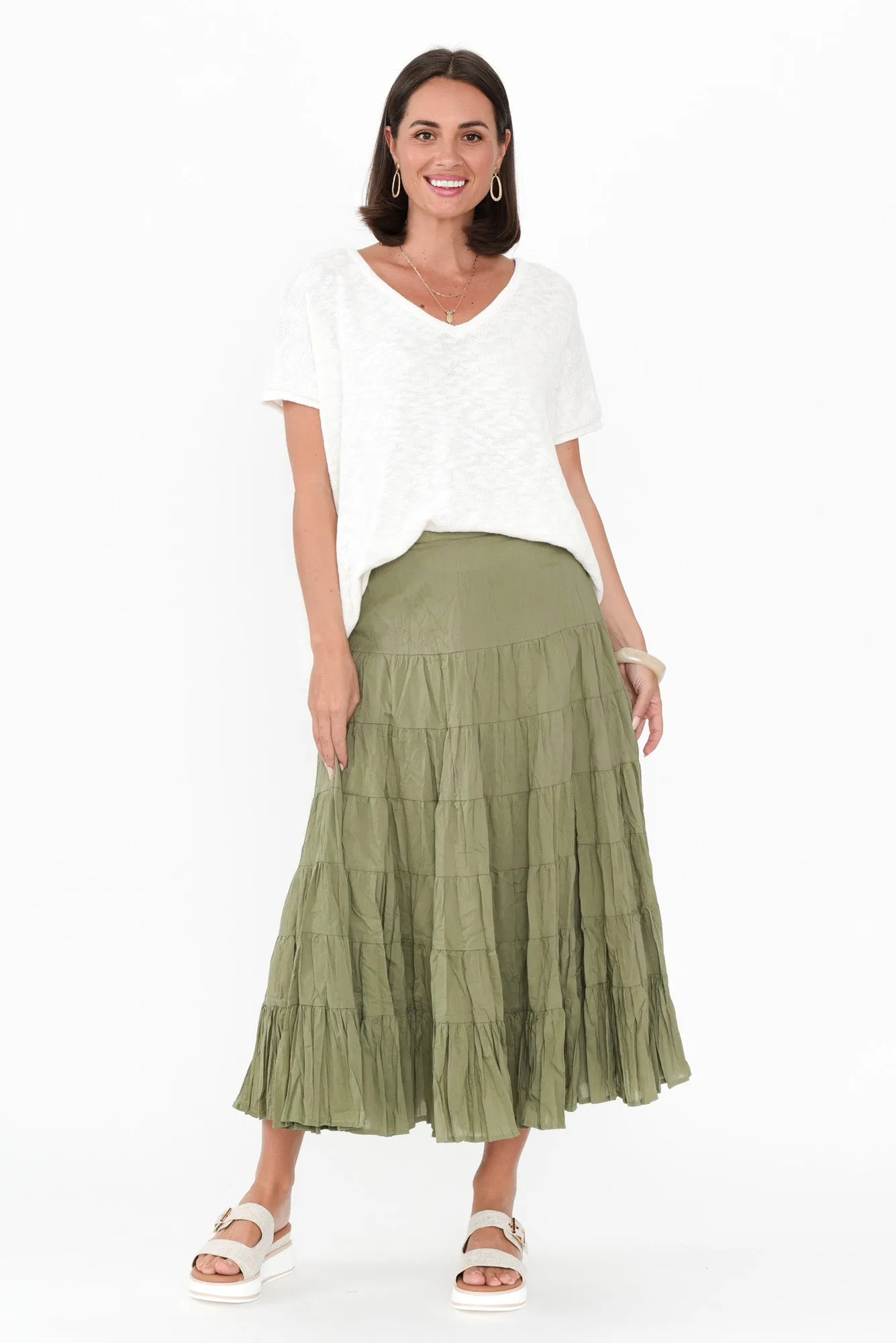 Taurus Khaki Cotton Tiered Skirt sold by Blue Bungalow product image thumbnail 2