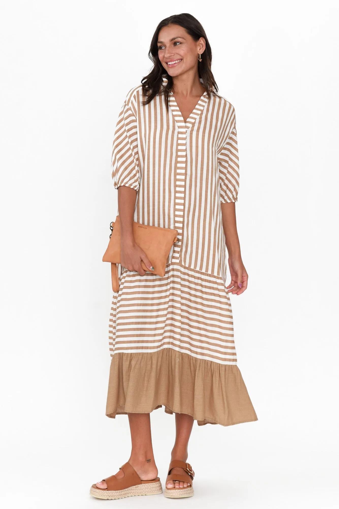 Timon Tan Stripe Cotton Blend Dress sold by Blue Bungalow product image thumbnail 2