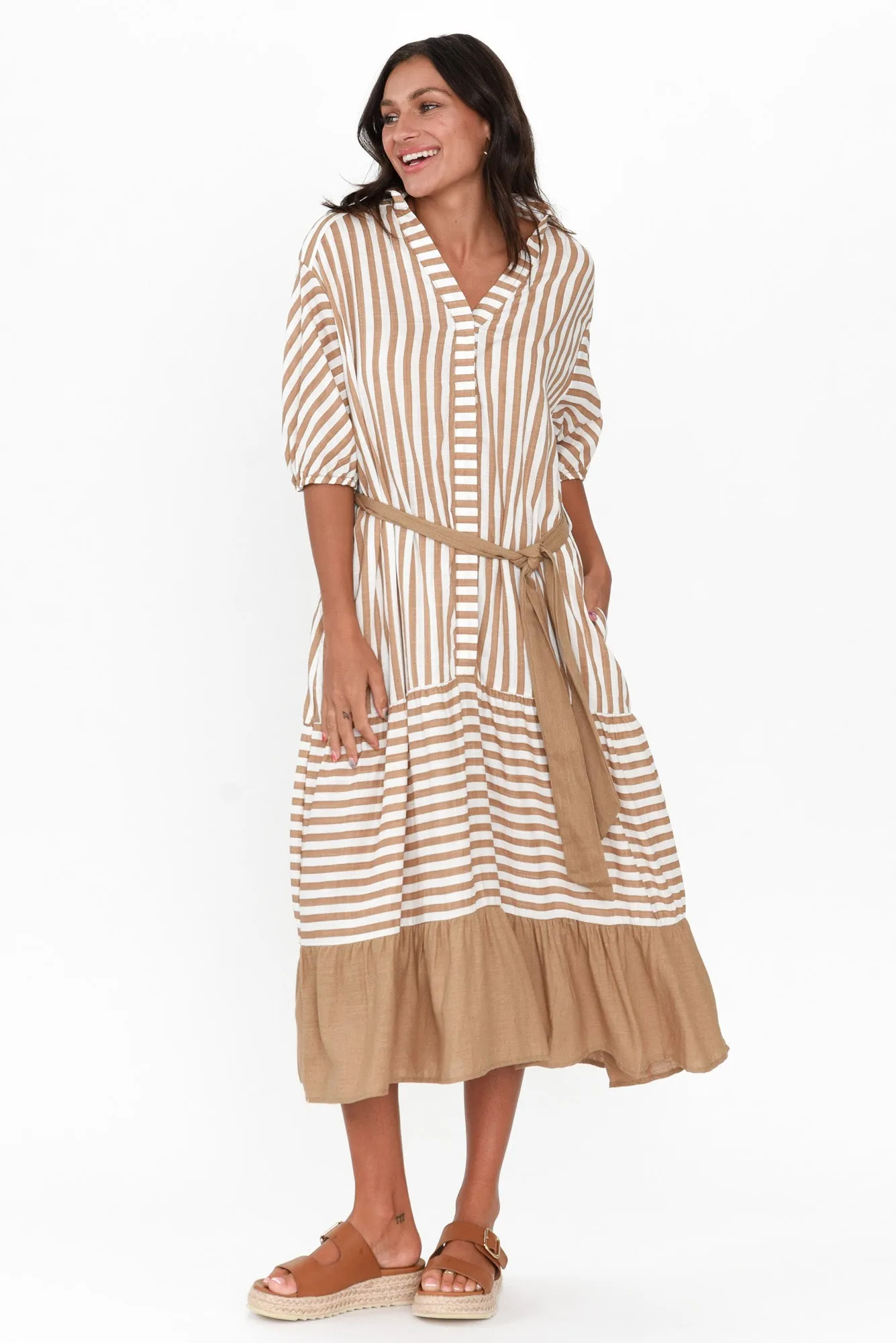 Timon Tan Stripe Cotton Blend Dress sold by Blue Bungalow product image thumbnail 3