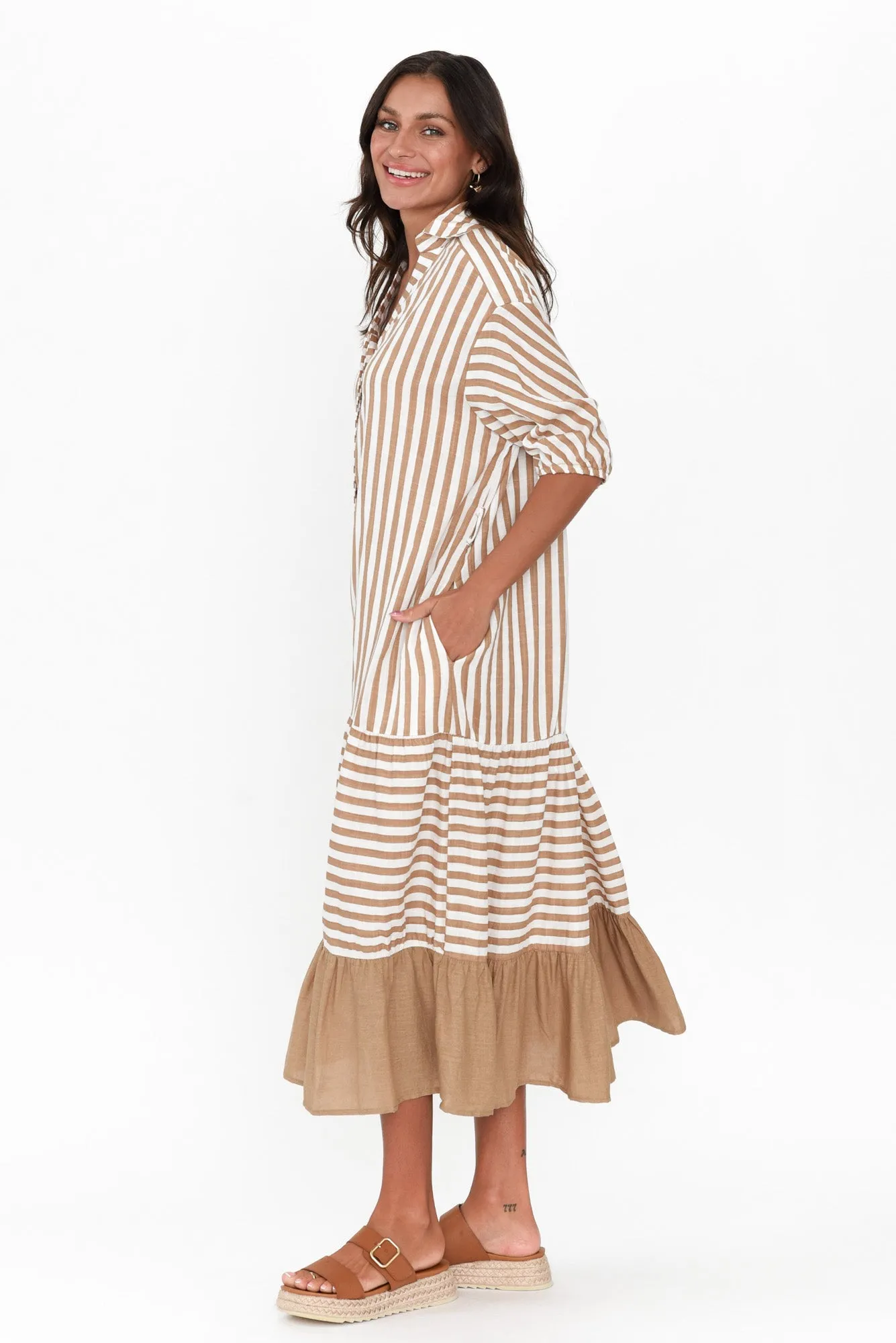 Timon Tan Stripe Cotton Blend Dress sold by Blue Bungalow product image thumbnail 4