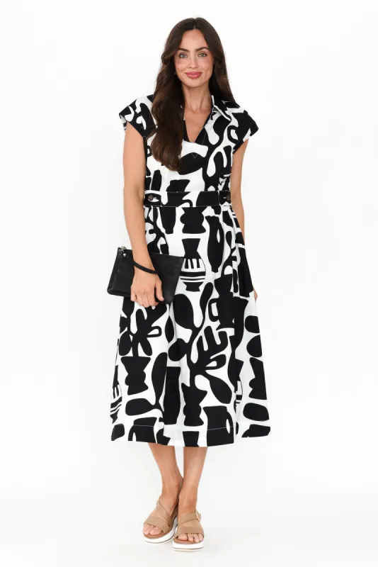 Sew Black Abstract Cotton Belted Dress sold by Blue Bungalow
