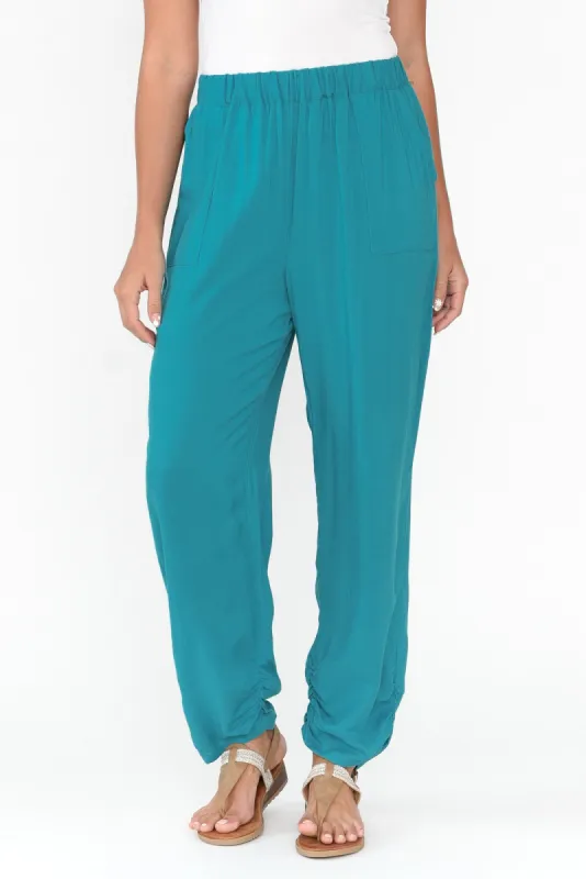 Milly Teal Ruched Hem Pants sold by Blue Bungalow