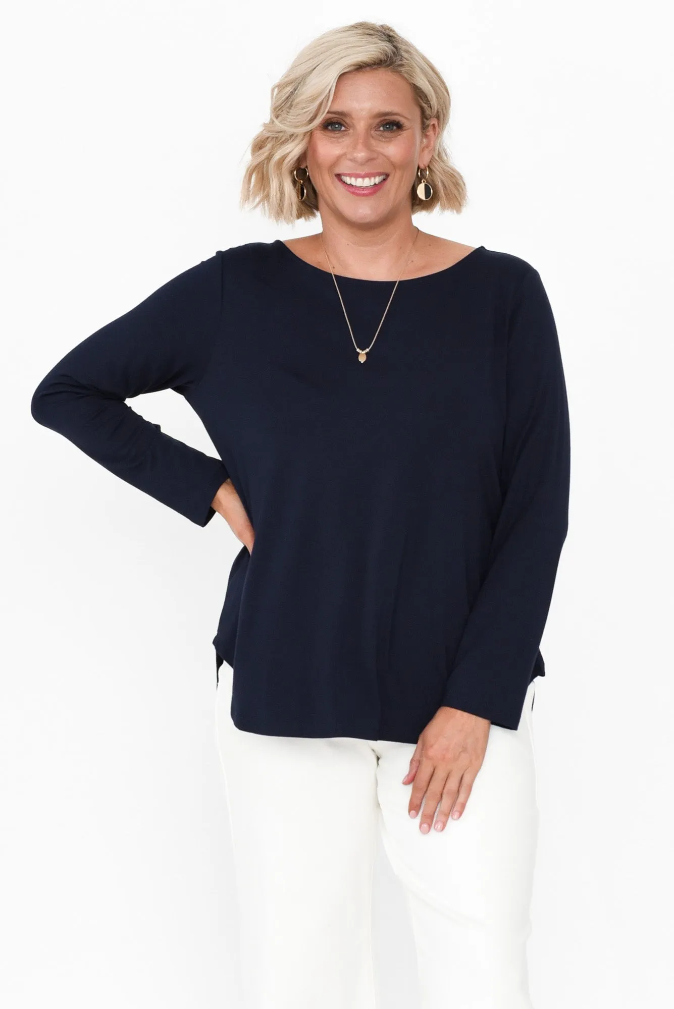 Adele Navy Long Sleeve Bamboo Tee sold by Blue Bungalow