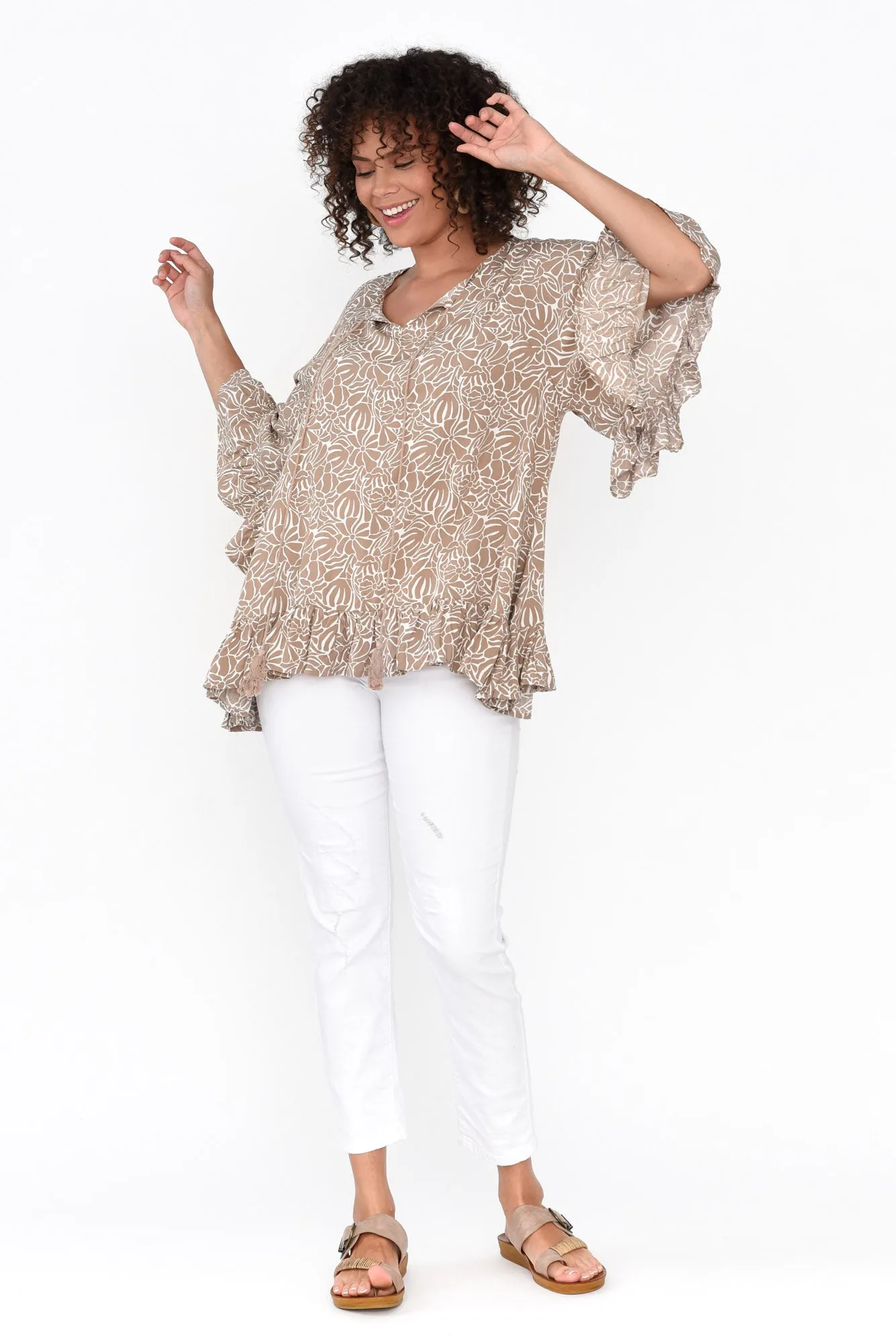 Nesryn Tan Botanical Tassel Ruffle Top sold by Blue Bungalow product image thumbnail 2
