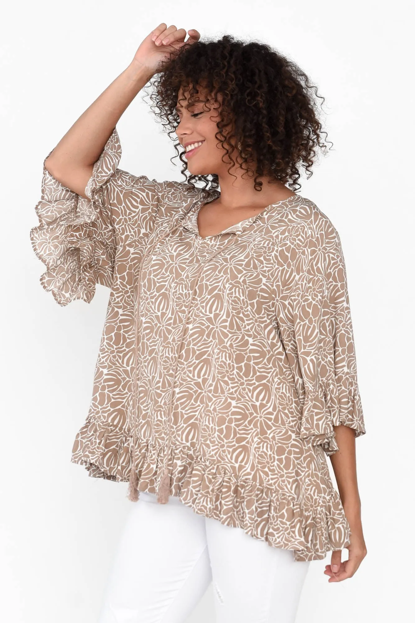 Nesryn Tan Botanical Tassel Ruffle Top sold by Blue Bungalow product image thumbnail 3