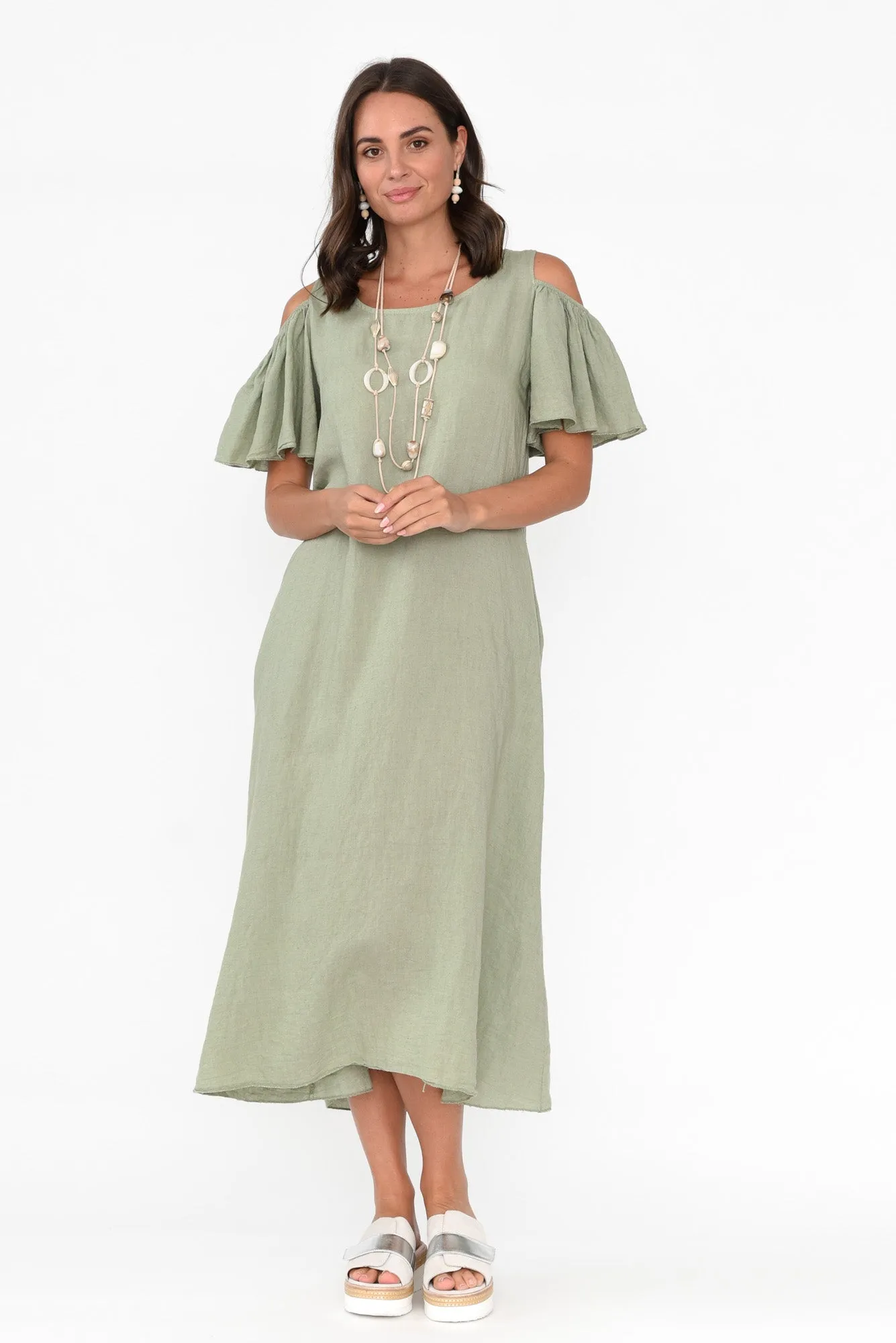 Mabrie Khaki Linen Cold Shoulder Dress sold by Blue Bungalow