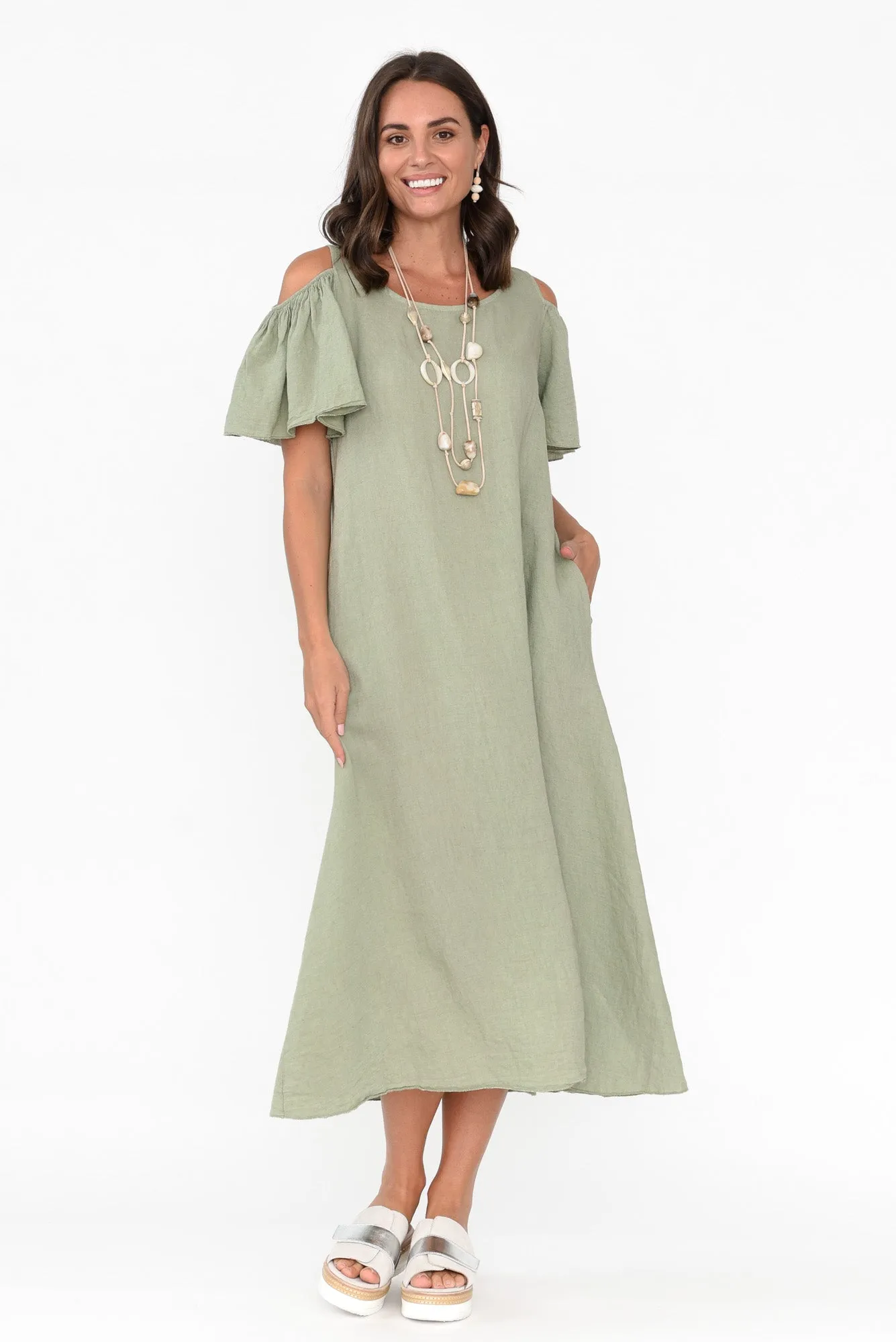 Mabrie Khaki Linen Cold Shoulder Dress sold by Blue Bungalow product image thumbnail 3