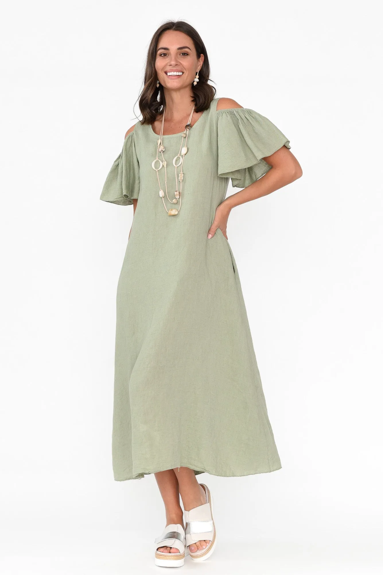 Mabrie Khaki Linen Cold Shoulder Dress sold by Blue Bungalow product image thumbnail 2