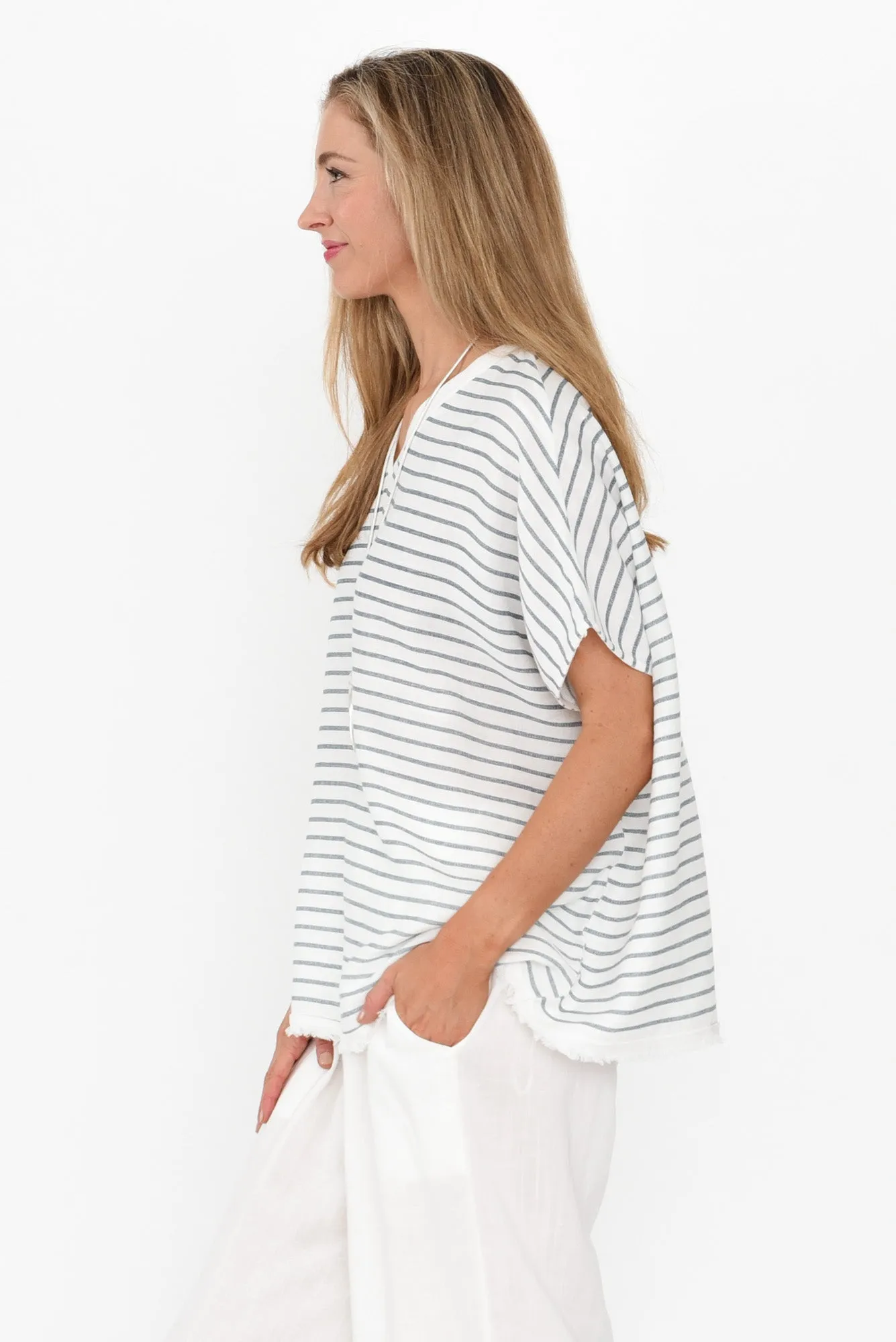 Hanley White Stripe Linen Blend Top sold by Blue Bungalow product image thumbnail 3