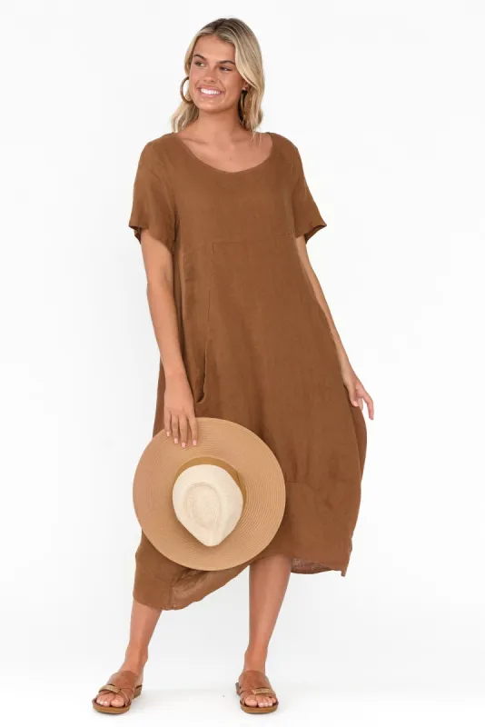 Calianna Mocha Linen Pocket Dress sold by Blue Bungalow