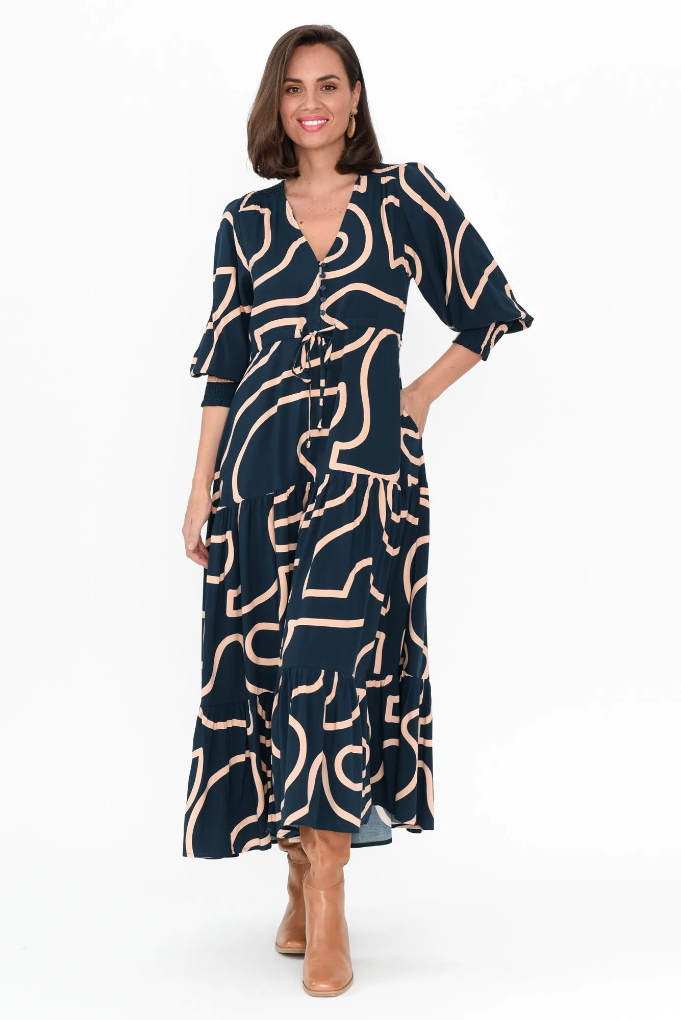 Boleyn Teal Geo Tie Dress sold by Blue Bungalow product image thumbnail 2