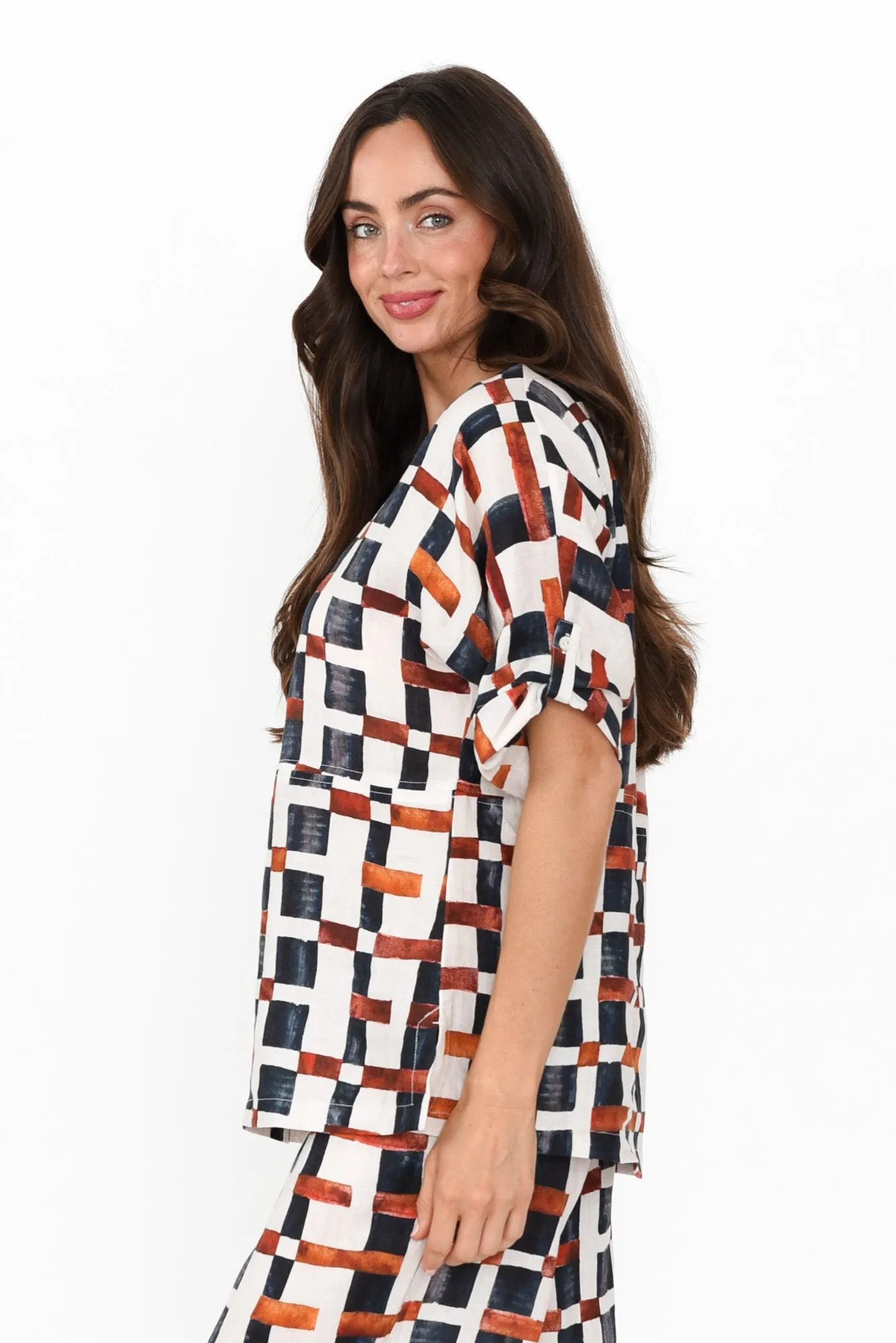 Taina Brown Geo Linen Top sold by Blue Bungalow product image thumbnail 3