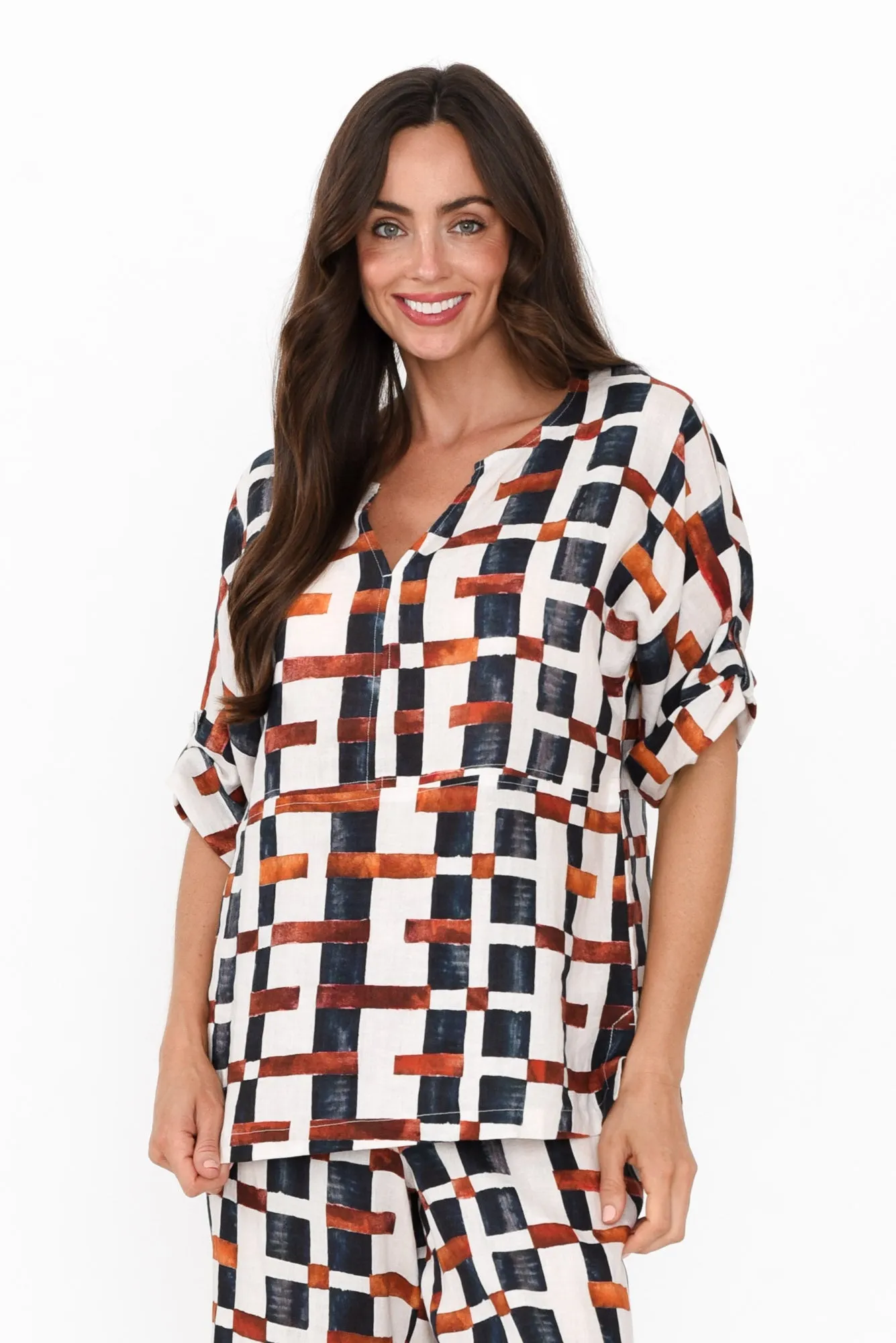 Taina Brown Geo Linen Top sold by Blue Bungalow