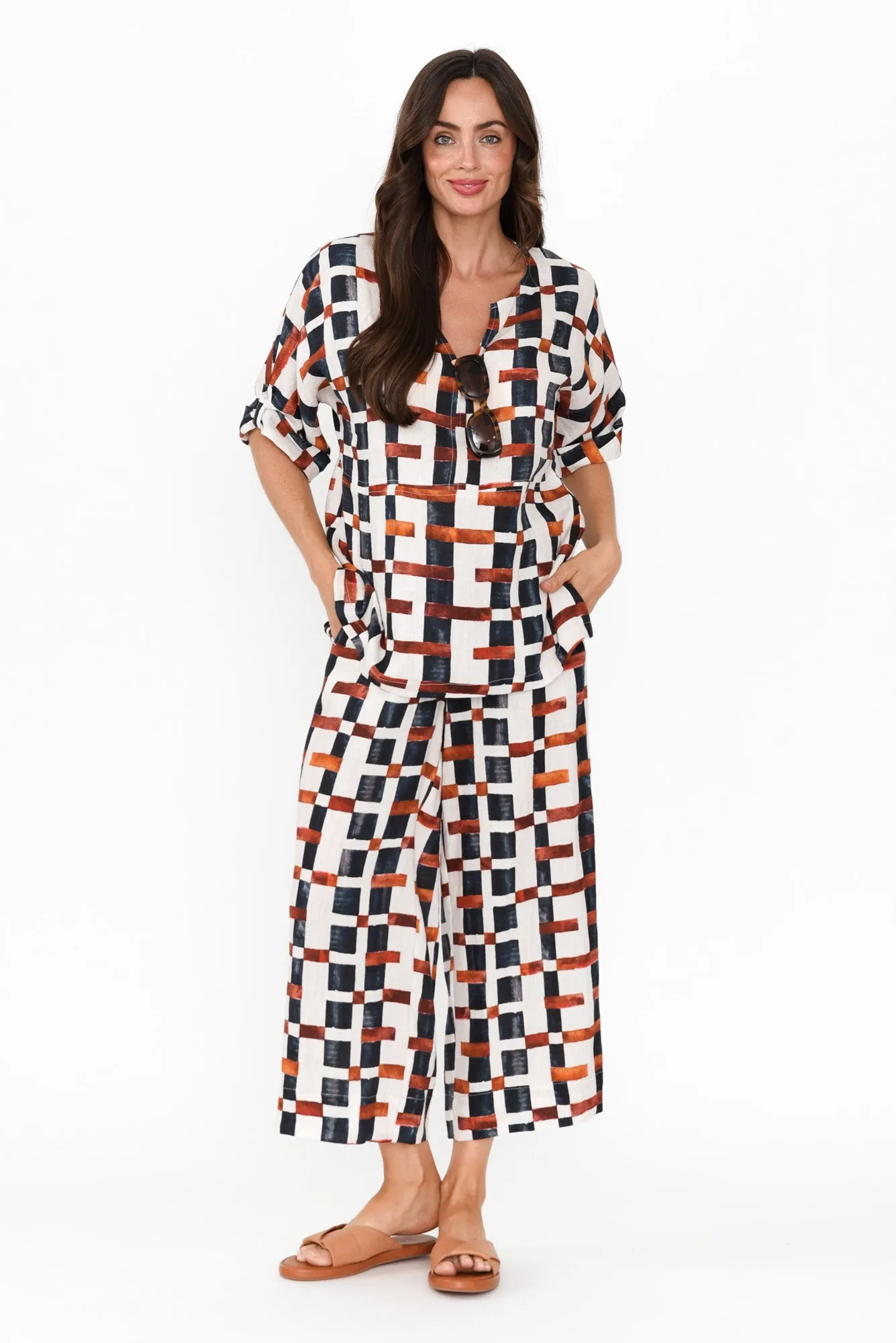 Taina Brown Geo Linen Top sold by Blue Bungalow product image thumbnail 2